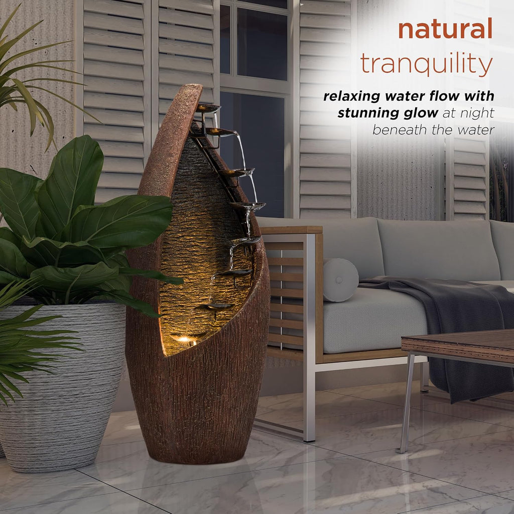 Alpine Corporation 43' Tall Outdoor Floor Contemporary Tiered Bronze Metal Water Fountain with LED Lights, Stylish Outdoor Water Feature for Garden and Patio Decor, Brown
