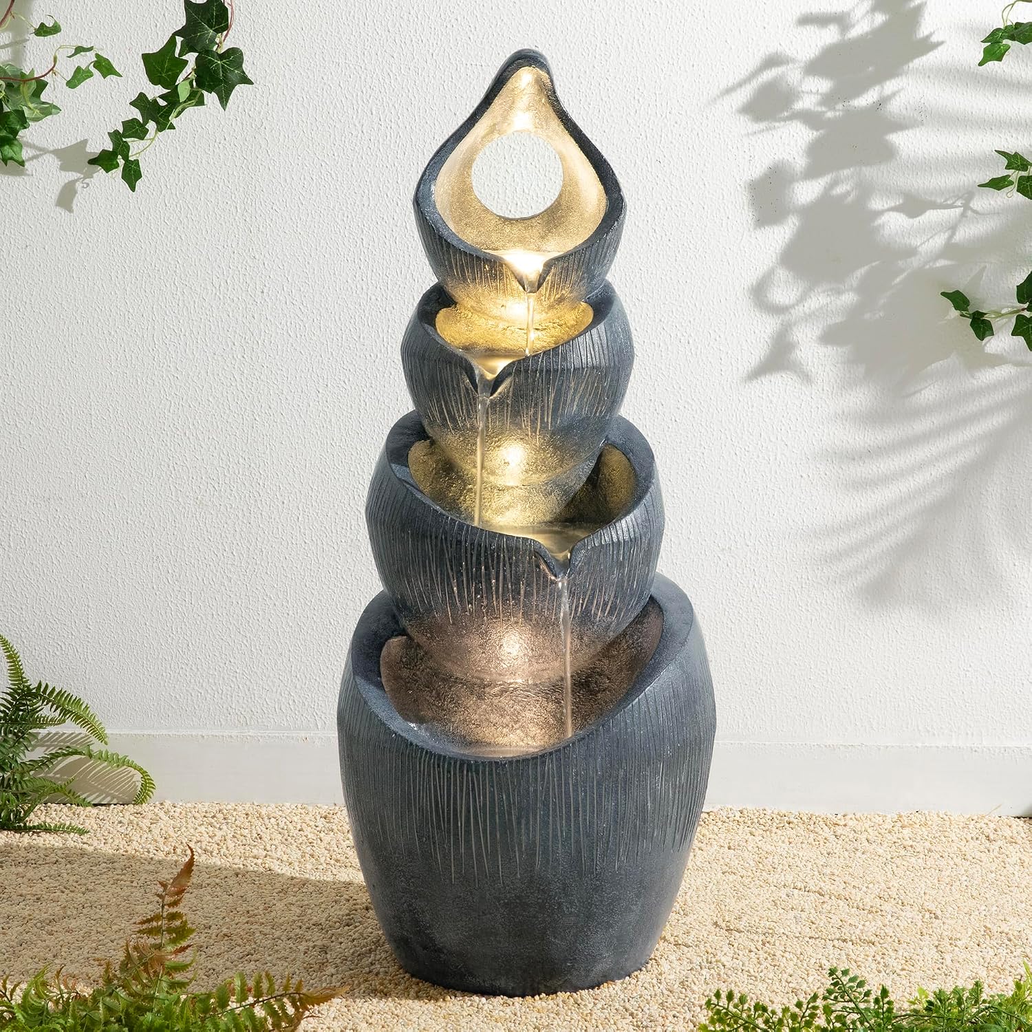 Glitzhome Outdoor Fountain with Lights & Pump, 34' H 4-Tiered Cascading Zen-Style Water Fountain Outdoor, Alms Bowl Polyresin Waterfall Water Feature for Garden, Patio, Yard, Deck Decor