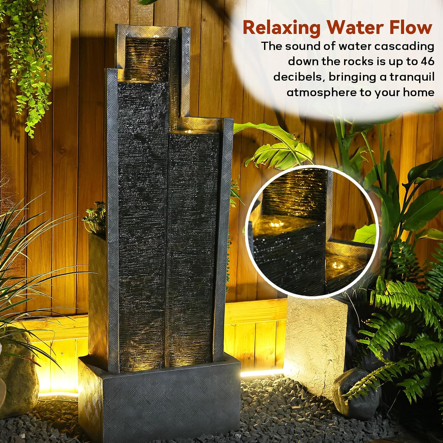 Sunlinua 49.6H Modern Outdoor Water Fountain with LED Light Garden Cascading Waterfall Feature for Indoor or Outdoor Cascading Waterfall for Relaxing Garden Patio Backyard Porch or Home Décor