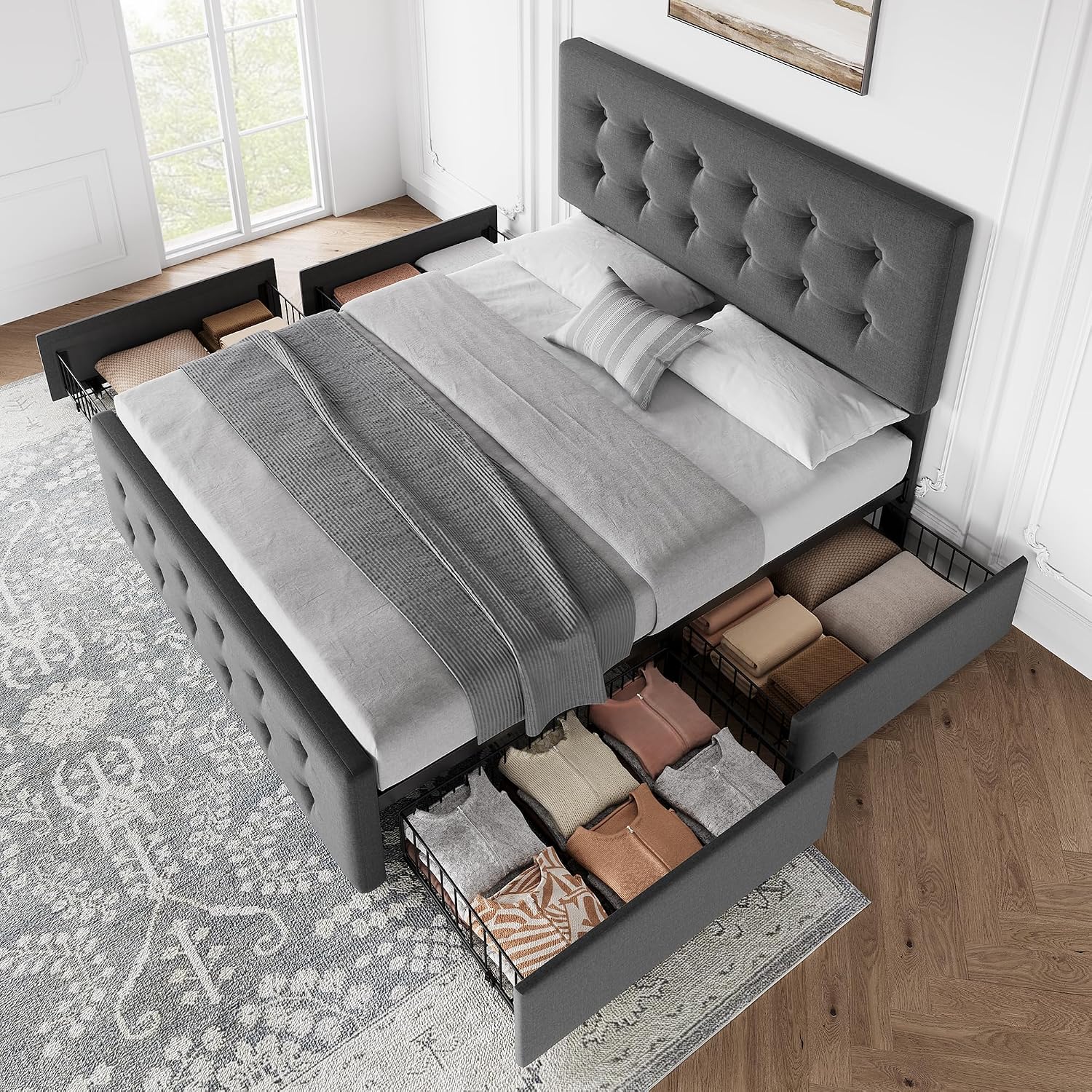 IDEALHOUSE Queen Size Bed Frame with 4 Storage Drawers and Headboard, Linen Upholstered Platform Bed Frame with Wooden Slats Support, Button Tufted Design, No Box Spring Needed, Dark Grey
