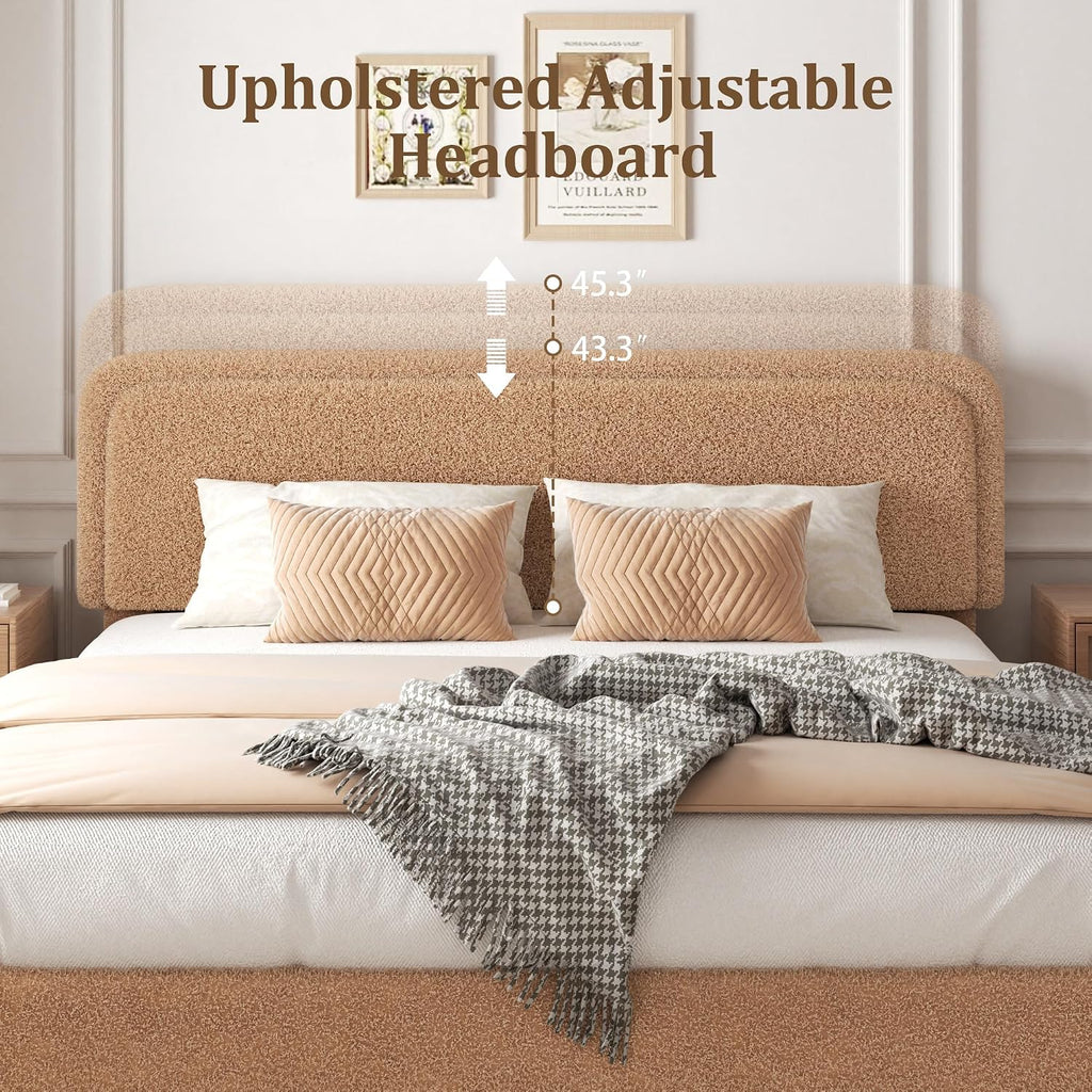 Queen Size Boucle Bed Frame with Adjustable Headboard, Upholstered Cloud Platform Bed, Anti-Collision Soft Rounded Corners, No Box Spring Needed, Easy Assembly, Noise Free, Camel