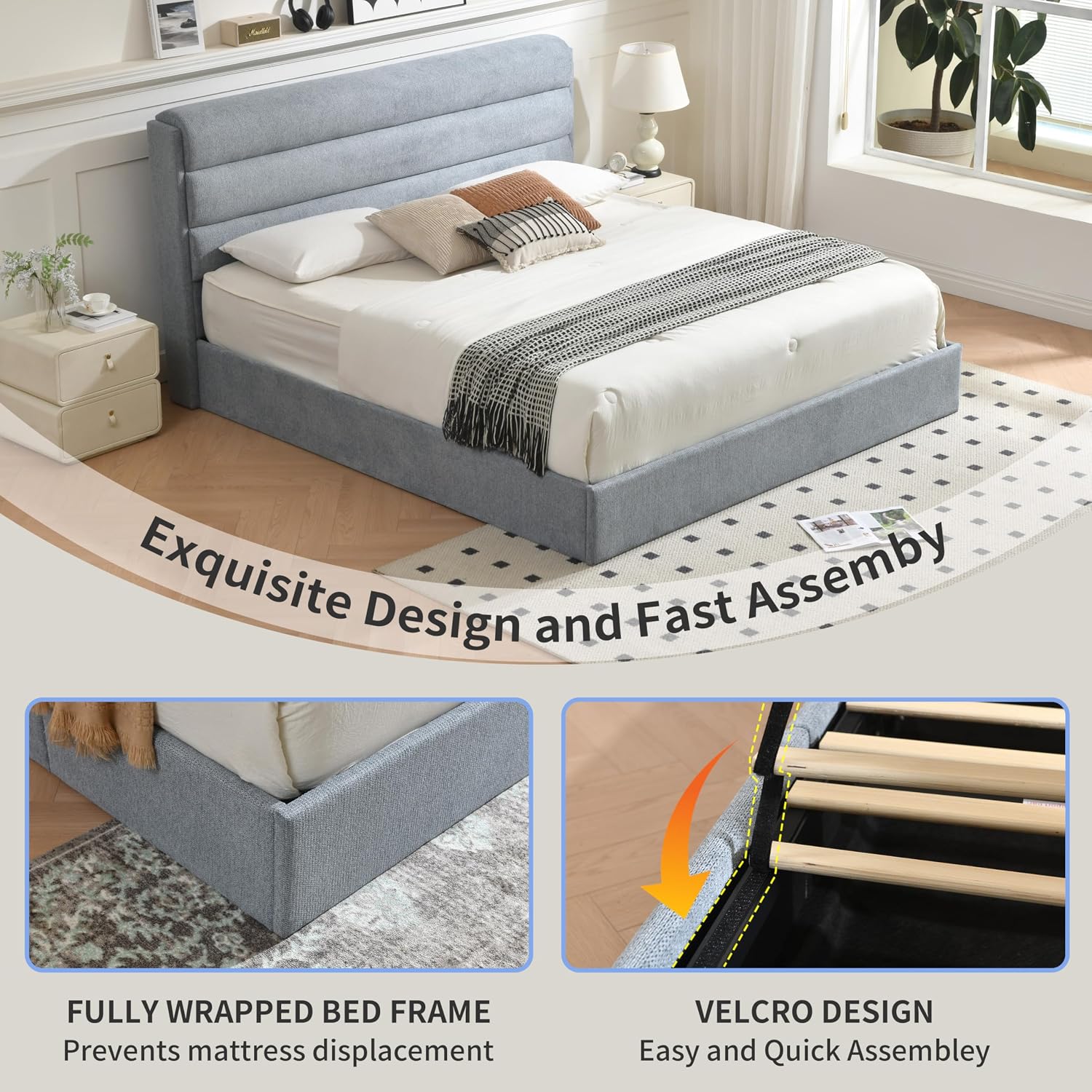 Lift Up Storage Bed King Size, Linen Upholstered Platform Bed with Hydraulic System & Wood Slats Support, King Bed Frame with 3-Panel Headboard, No Box Spring Needed, Easy Assembly, Baby Blue