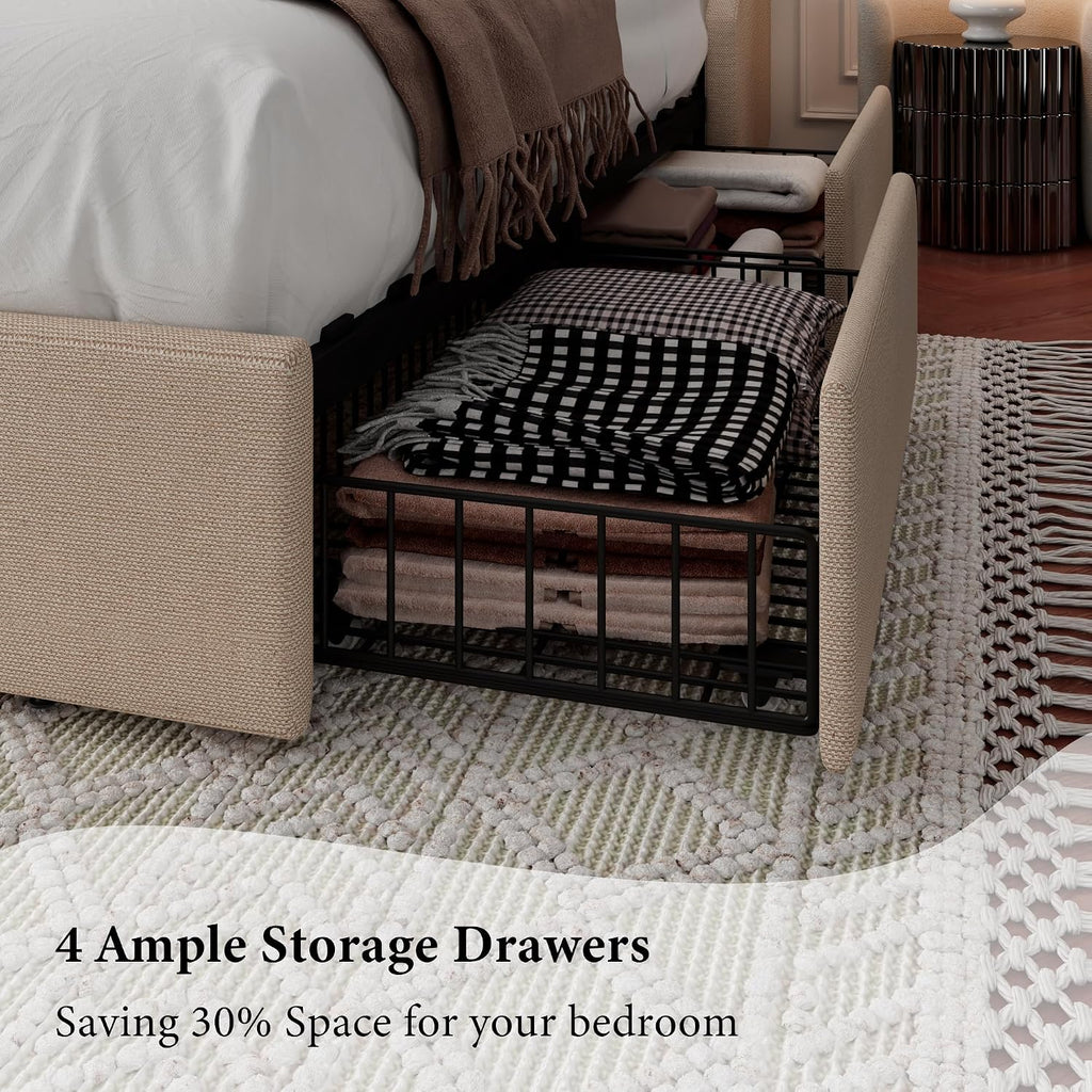 iPormis Queen Bed Frame with 4 Storage Drawers, Upholstered Platform Bed Frame with Type-C & USB Ports, Wingback Storage Headboard, Solid Wood Slats, No Box Spring Needed, Beige
