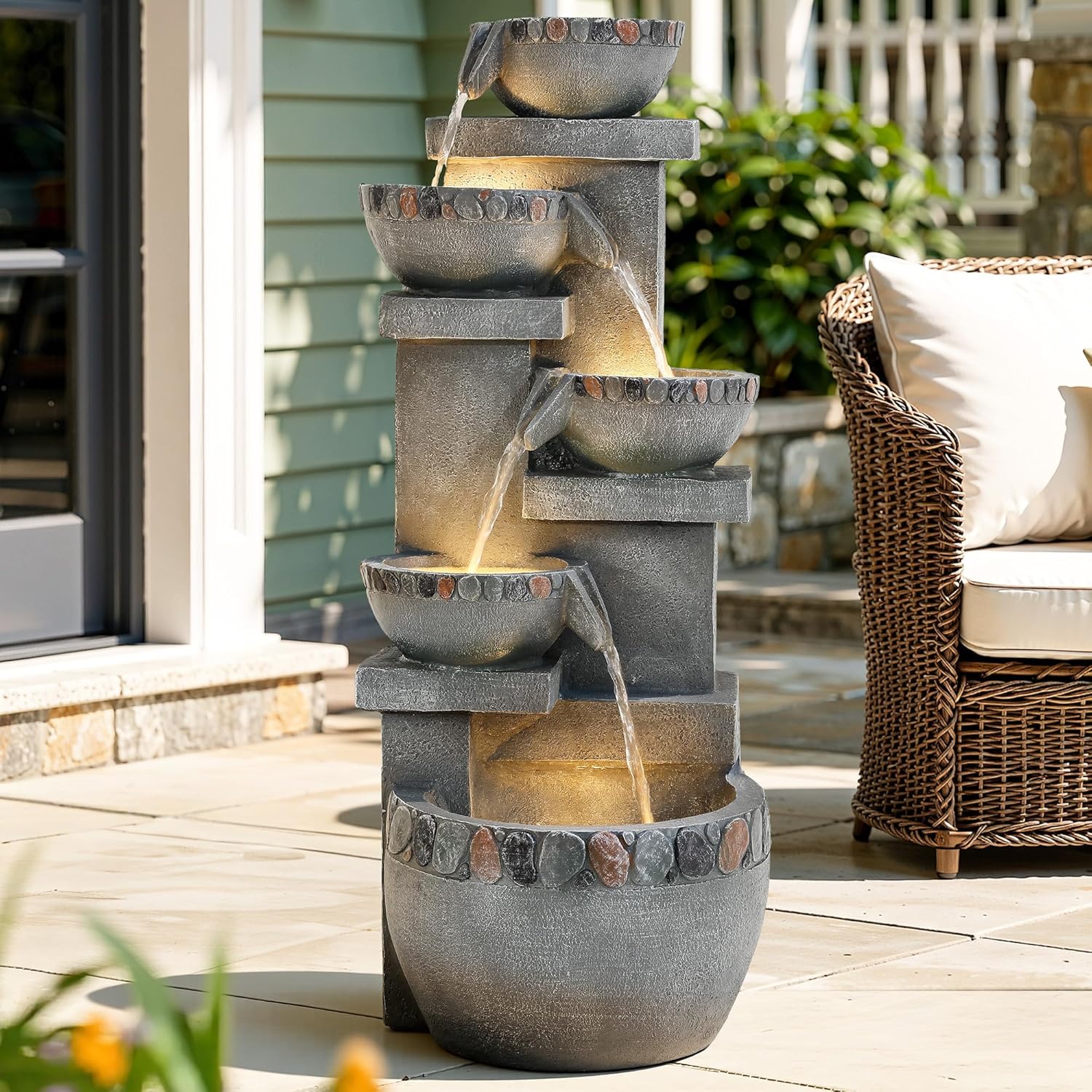 33' H 4-Tier Fountain Outdoor, Modern Resin Pebble Tabletop Water Feature Outdoor with LED Lights, Soothing Cascading Waterfall for Patio, Backyard, Garden or Porch