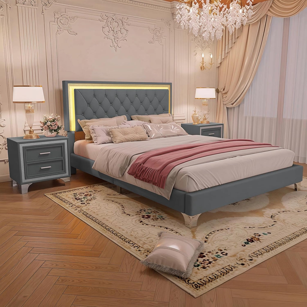 Linique 3-Pieces Bedroom Sets, Queen Size Velvet Upholstered Platform Bed Frame with LED Lights and Two Nightstands, Wooden Platform Bed with Button Tufted Headboard, Grey