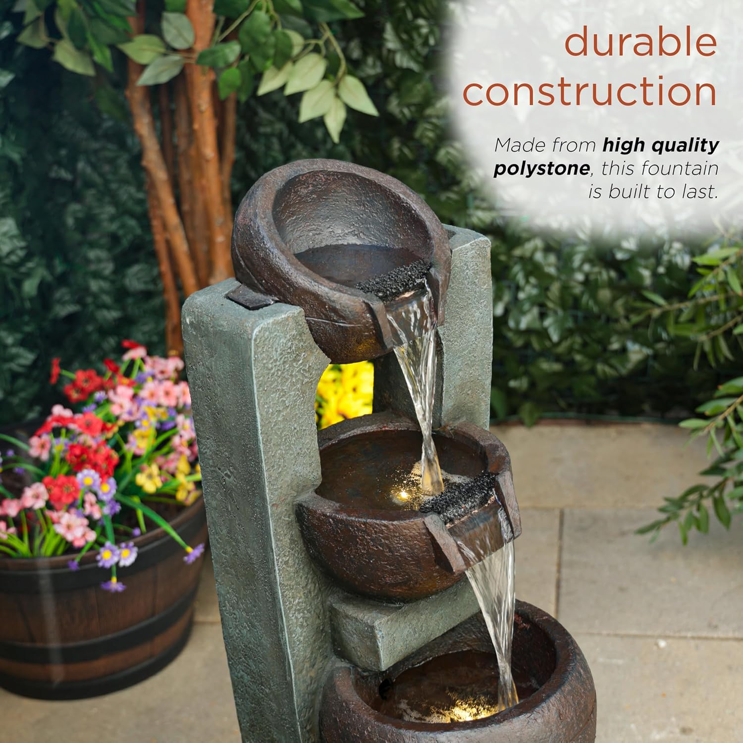 Alpine Corporation TZL400 34' 3 Tier Basin Cascading Fountain with LED Lights, Elegant Outdoor Water Feature for Garden, Patio, Yard & Outdoor Spaces, Relaxing Waterfall Fountain, Gray