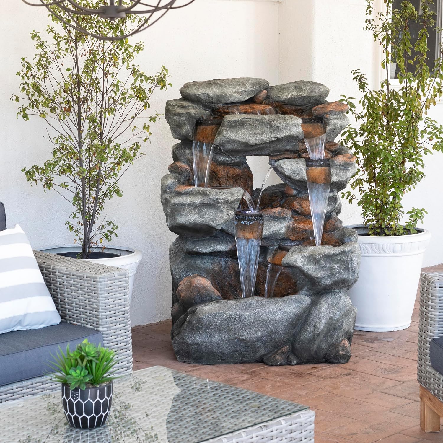 Alpine Corporation WIN1068 Outdoor Floor Rock Water Fountain with LED Lights, 5-Tier Rock Waterfall Fountain 54', Dark Brown