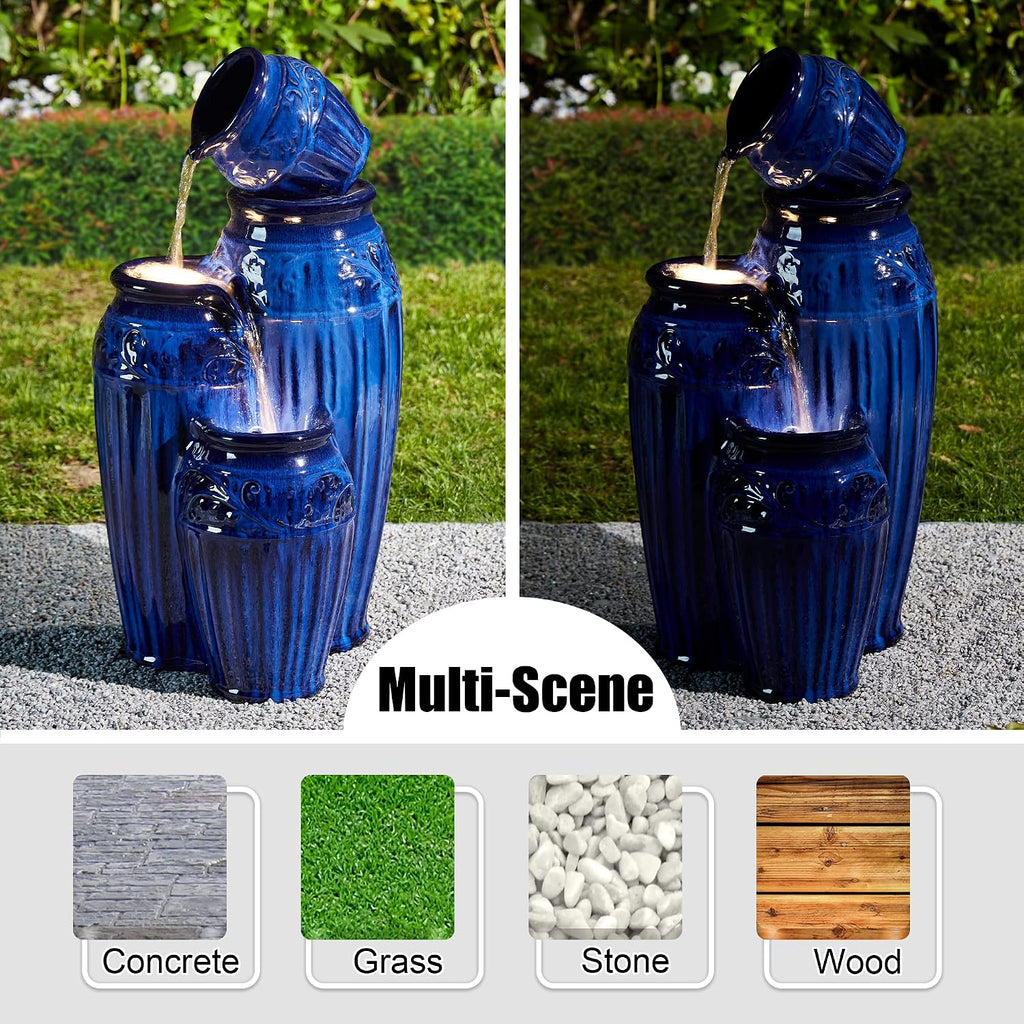 Glitzhome 27.25' H Outdoor Garden Water Fountain with LED Lights and Pump, 4 Tier Cobalt Blue Embossed Pattern Ceramic Pots Cascading Floor Standing Fountain for Porch Deck Patio Backyard Decoration