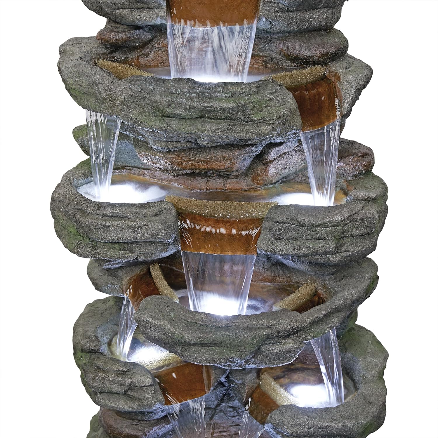 Alpine Corporation TZL352 Outdoor Floor Stone Tower Fountain with LED Lights, Multi-Level Garden Water Fountain, 47'H, Gray