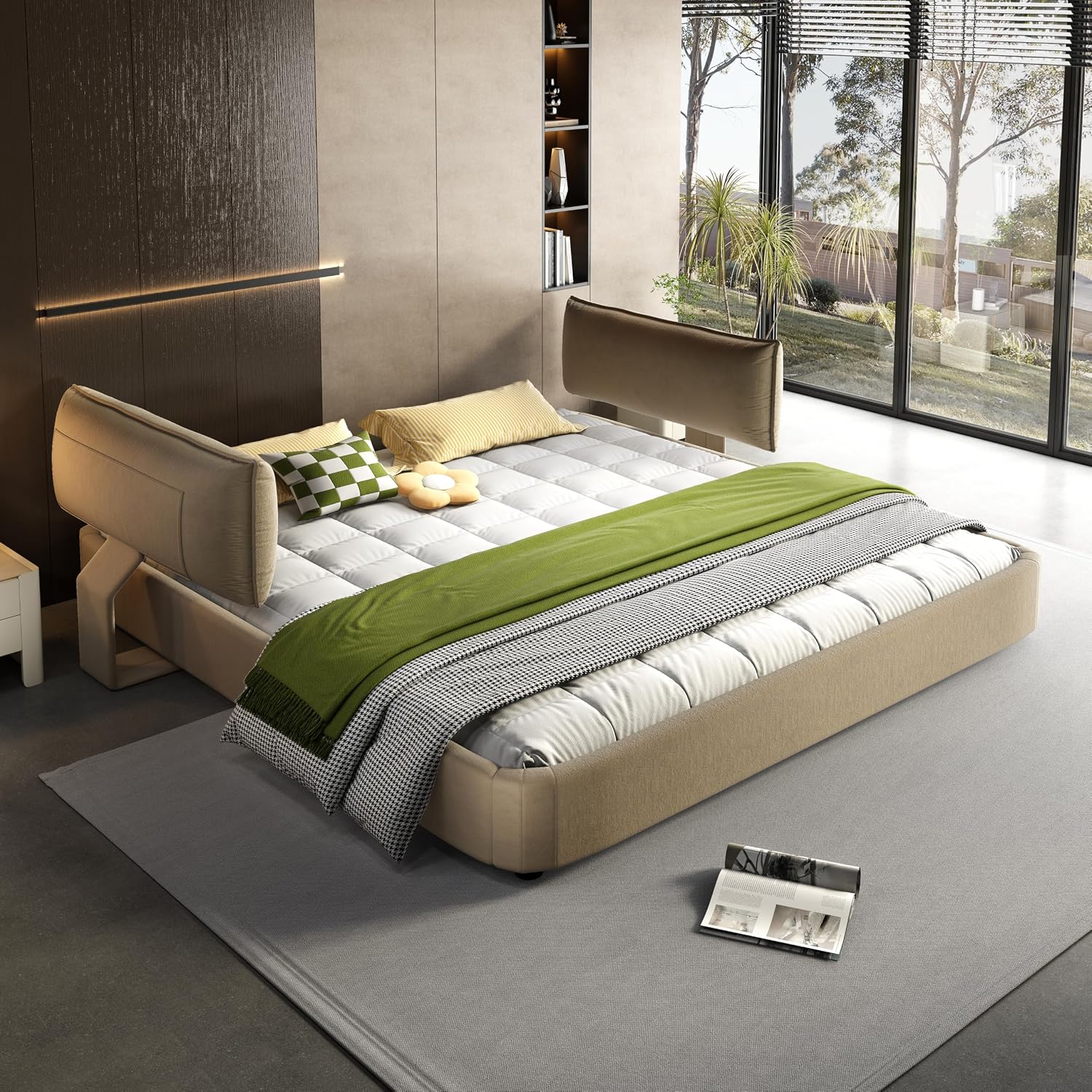 JIVOIT King Size Upholstered Platform Bed, Chenille Cloud Bed Frame with Oversized Padded Movable Headboard, Round Corner, Metal + Solid Wooden Slat Double Support, No Box Spring Needed (Camel-65)