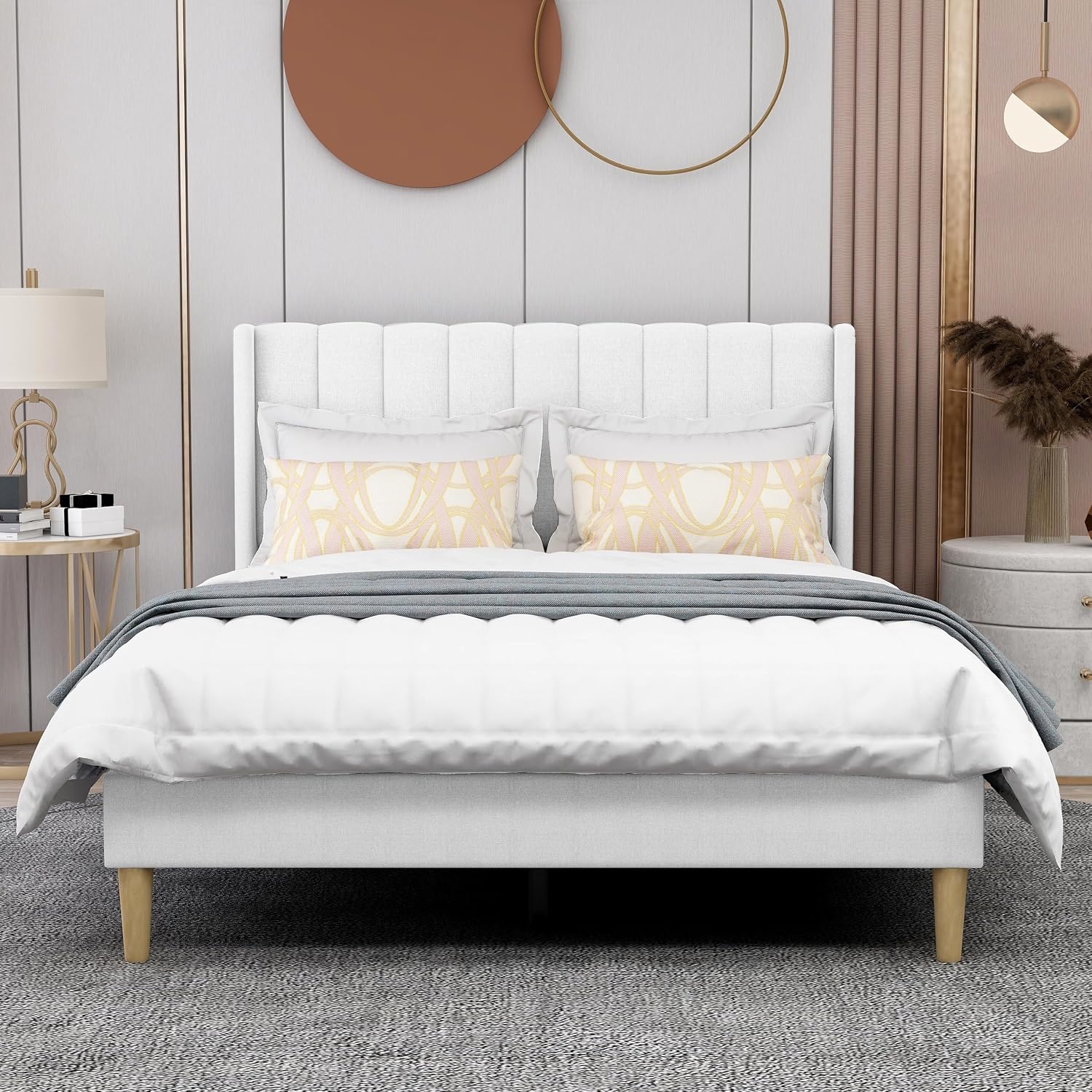 AGARTT Upholstered Platform Bed Frame Full Size with Headboard and Footboard/Wooden Slats Support/No Box Spring Needed/Easy Assembly,White Linen