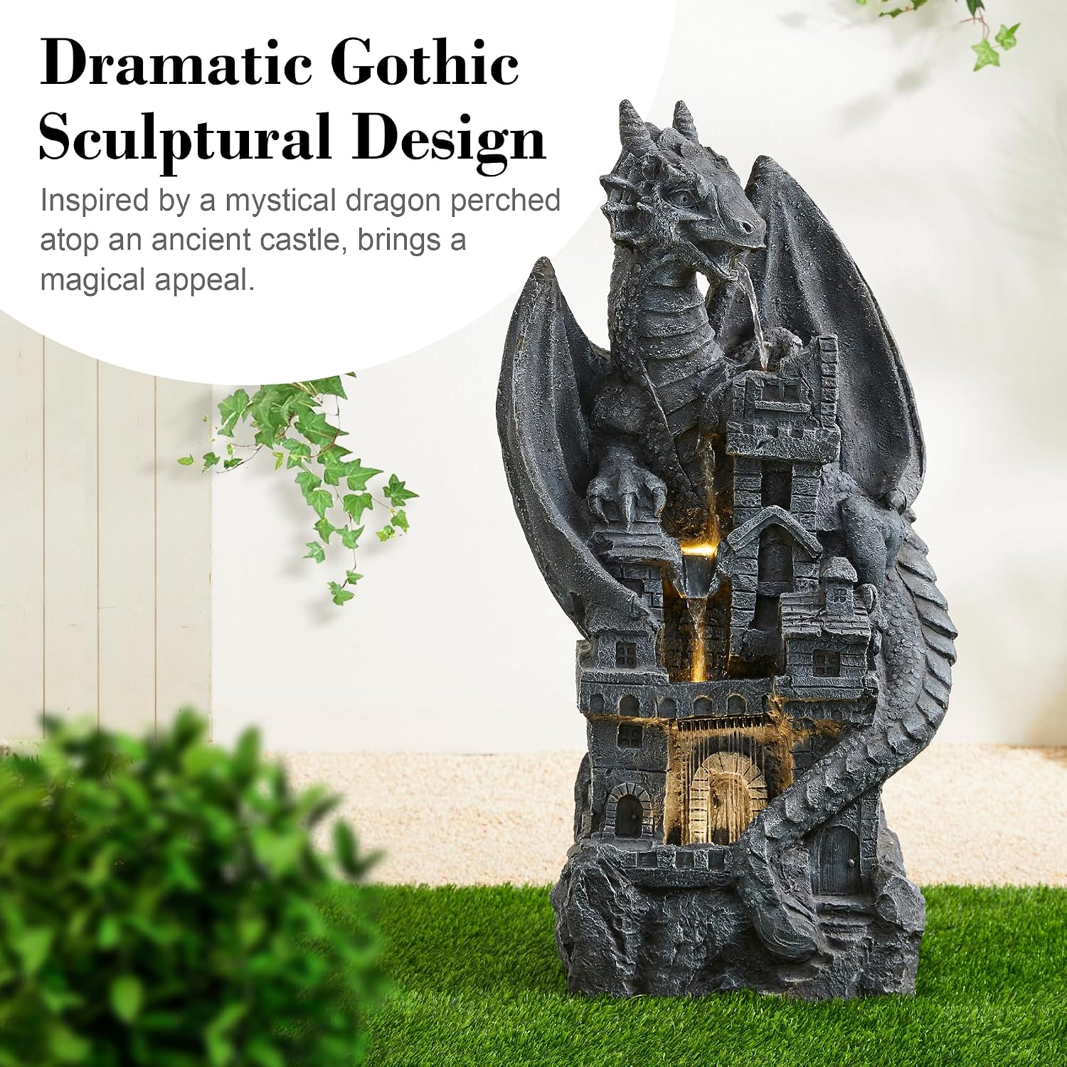 Glitzhome 4-Tiered Cascading Outdoor Water Fountain for Garden Patio Yard Mystical Gothic Dragon Water Fountains Outdoor with LED Lights & Pump, Large Floor Stand Fountain Dragon Waterfalls 36.5' H