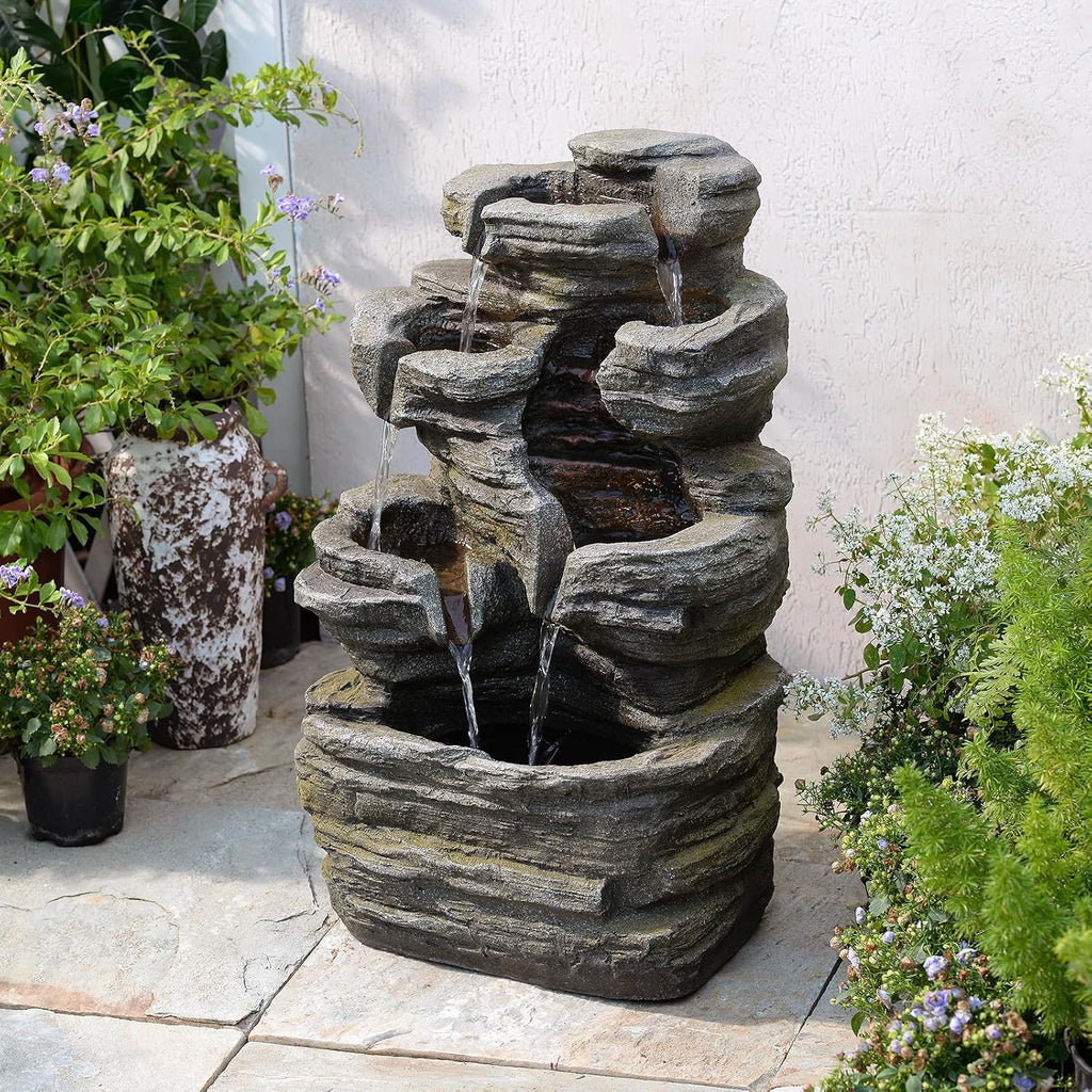 Bumilgar 6-Tier Cascading Rock Water Fountain Outdoor Garden Waterfall Decor for Garden, Patio, Backyard, Deck, Porch and Home Art Decor,24.4' H Outdoor Fountain with Lights
