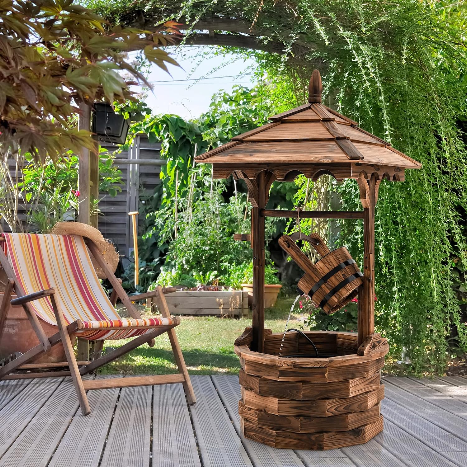 Tangkula Outdoor Wishing Well Water Fountain, Old-Fashioned Wood Waterfall Fountain w/Bucket Pump, Rustic Farmhouse Decoration for Garden, Backyard, 46 Inch Tall (22.5' x 22.5' x 48.5')