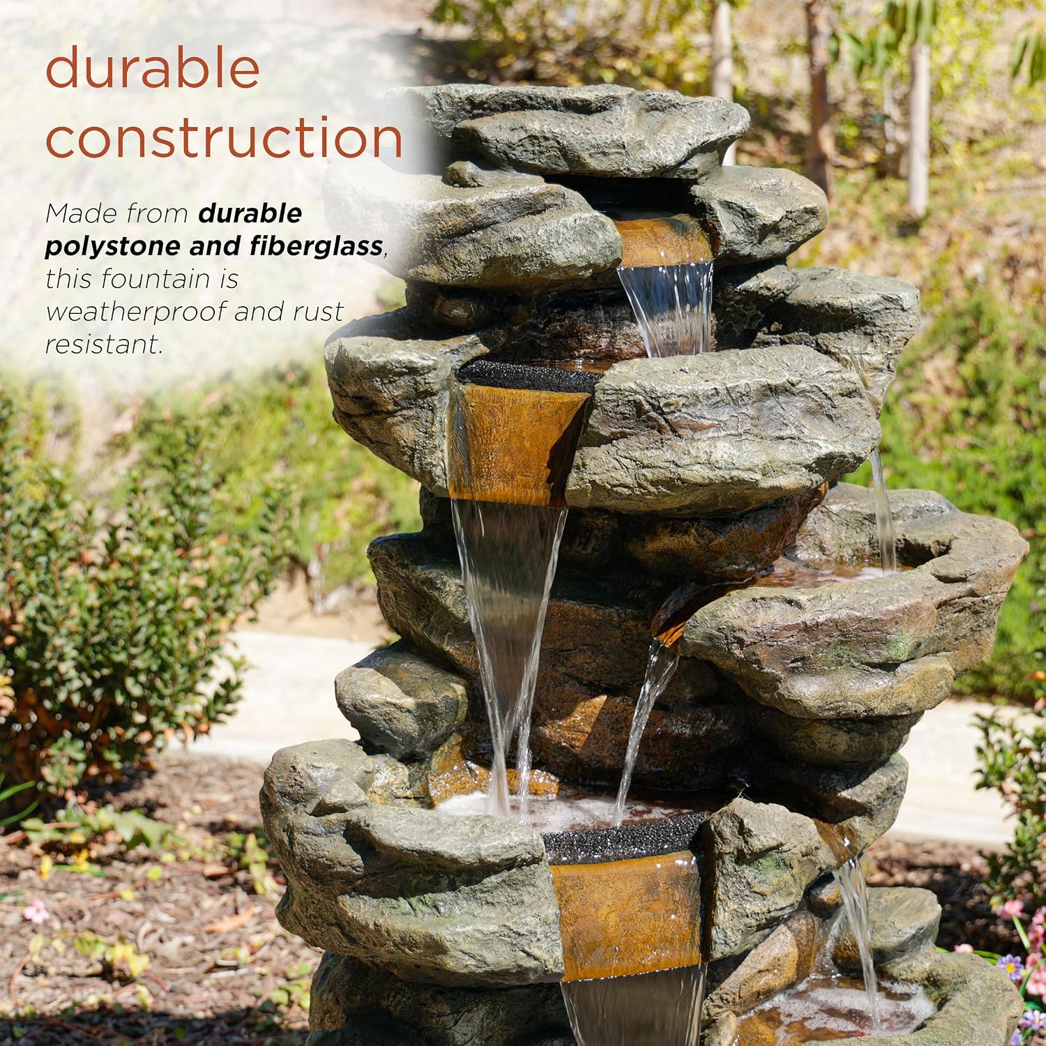 Alpine Corporation 51' Tall 6-Tier Outdoor Rainforest Waterfall Floor Fountain, Weather-Resistant Design with Color-Changing LED Lights & Remote Control, Gray