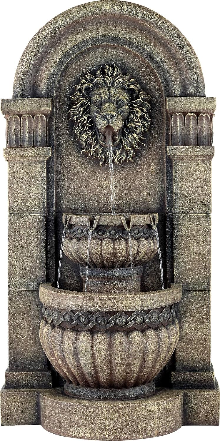 Royal Lion Face 50' High Large Italian Indoor Outdoor Decor Faux Stone Floor Fountain with Light LED Waterfall 2-Tier Statue Water Feature for Outside Garden Patio Yard Backyard - John Timberland