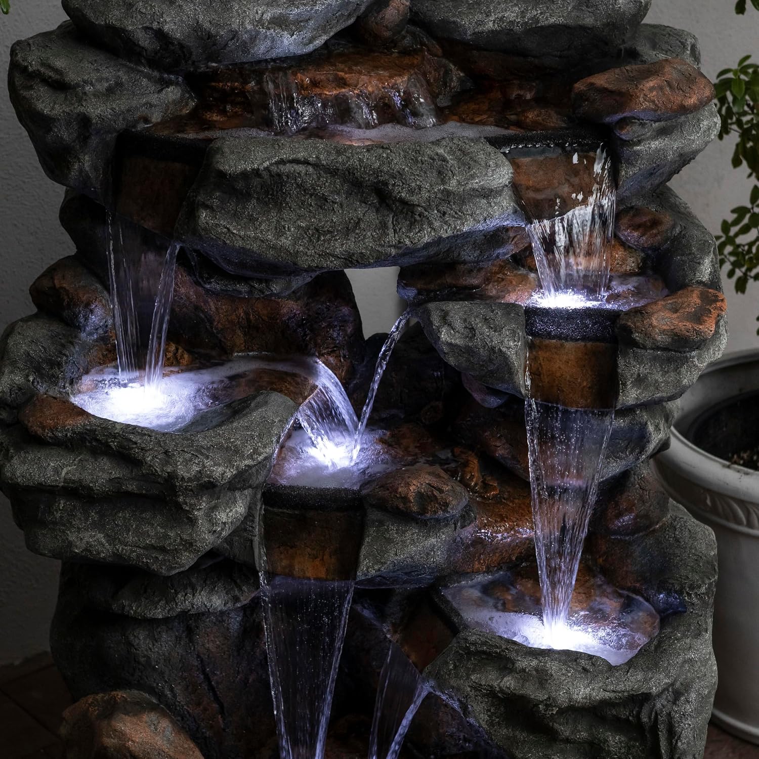 Alpine Corporation WIN1068 Outdoor Floor Rock Water Fountain with LED Lights, 5-Tier Rock Waterfall Fountain 54', Dark Brown