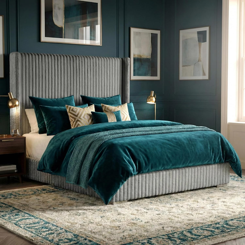 Furniture of America Plutforn Modern Wood 82-inch King Platform Bed with Fur Chenille Fabric, No Box Spring Required for Bedroom, Guest Room, Gray