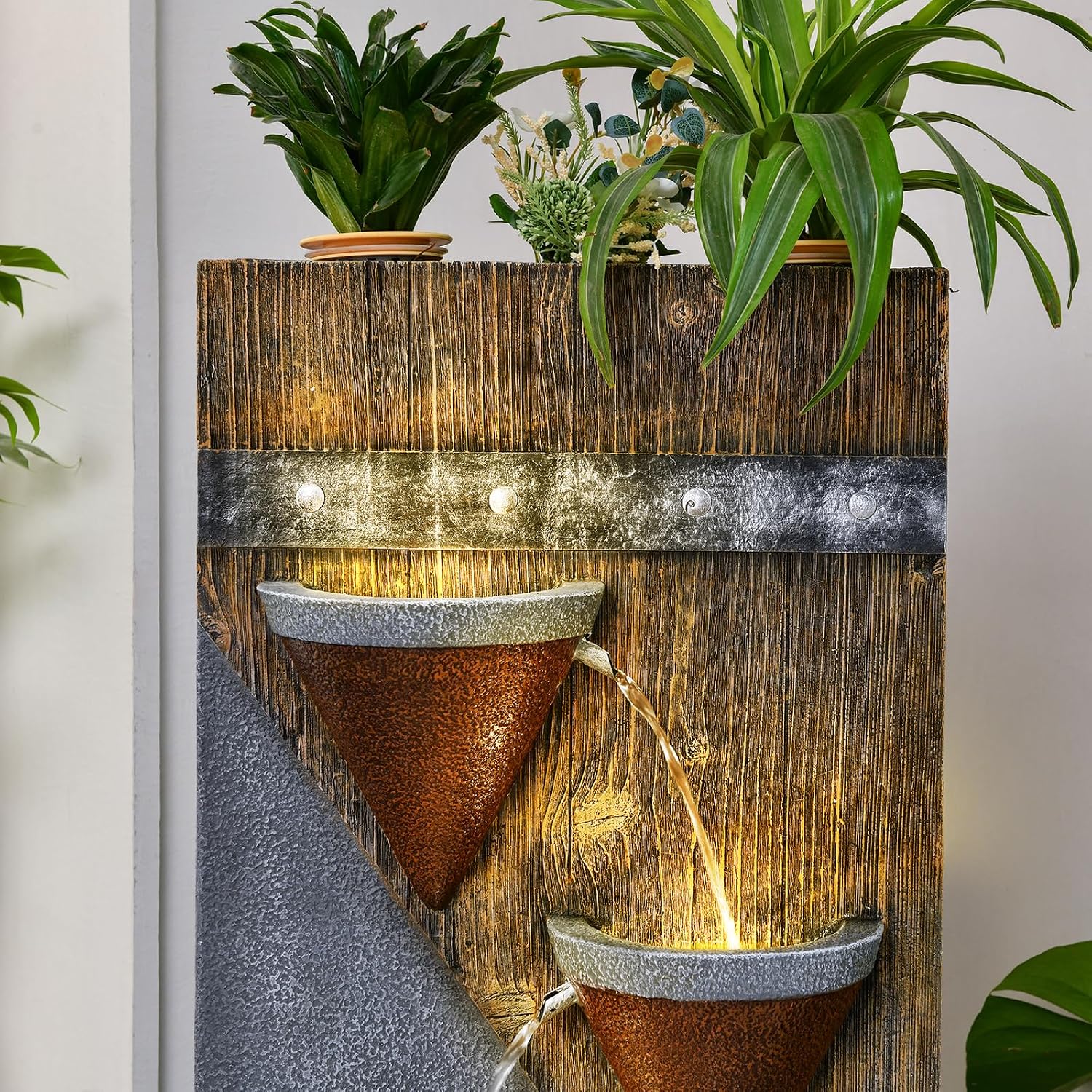 49.21' Outdoor Garden Water Fountain with Lights Floor-Standing 4 Tiers Cascading Large Waterfall Fountain for Patio, Backyard, Deck, Porch and Home Art Decor