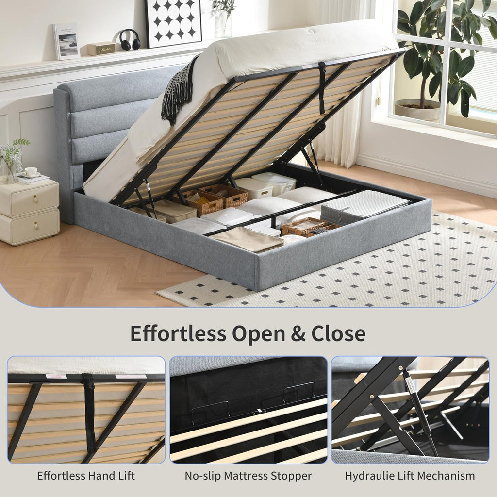 Lift Up Storage Bed King Size, Linen Upholstered Platform Bed with Hydraulic System & Wood Slats Support, King Bed Frame with 3-Panel Headboard, No Box Spring Needed, Easy Assembly, Baby Blue