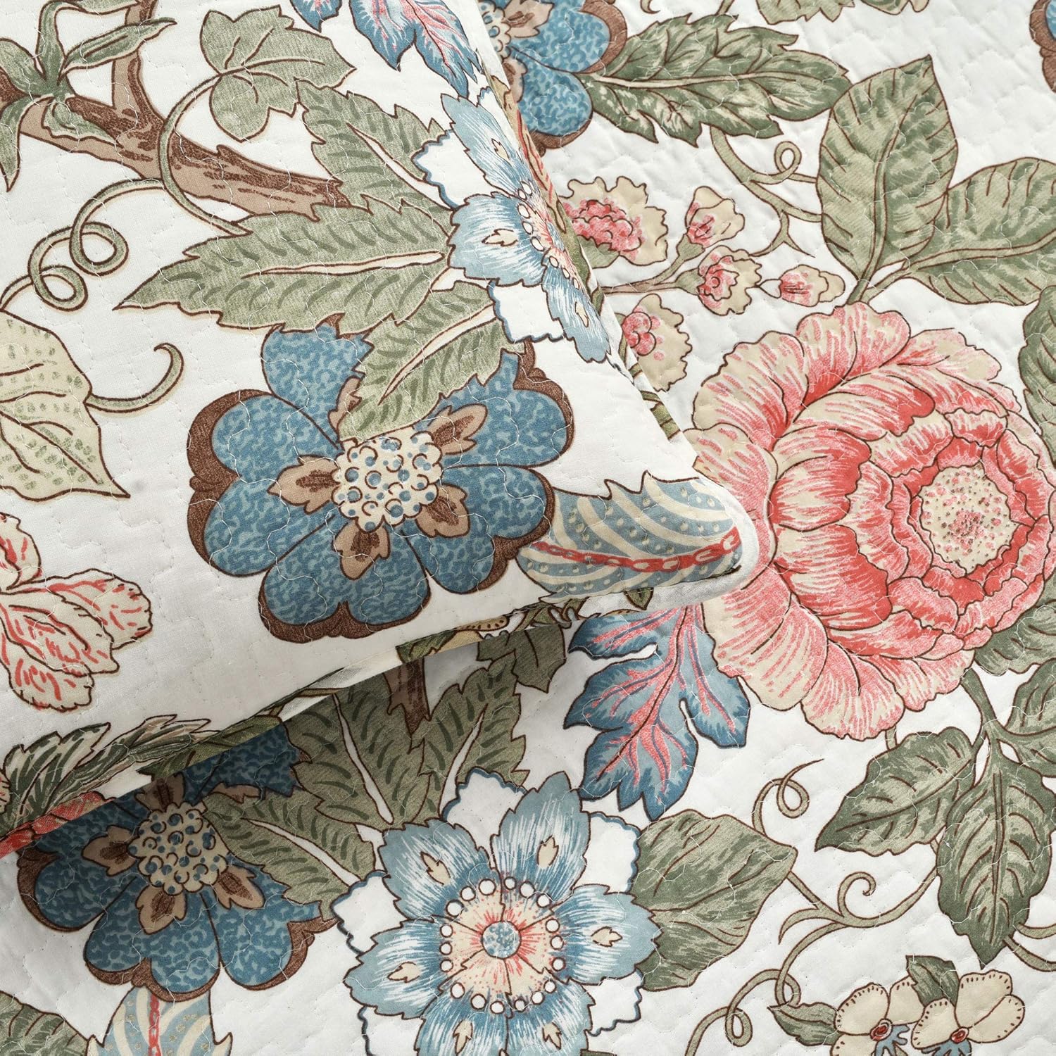 Lush Decor Sydney Reversible Cotton Quilt Set, 3 Piece Set, King/California King, Green & Blue - Cotton Bedding Set - Blue Floral Quilt - Cottage Decor - Bedding King Size