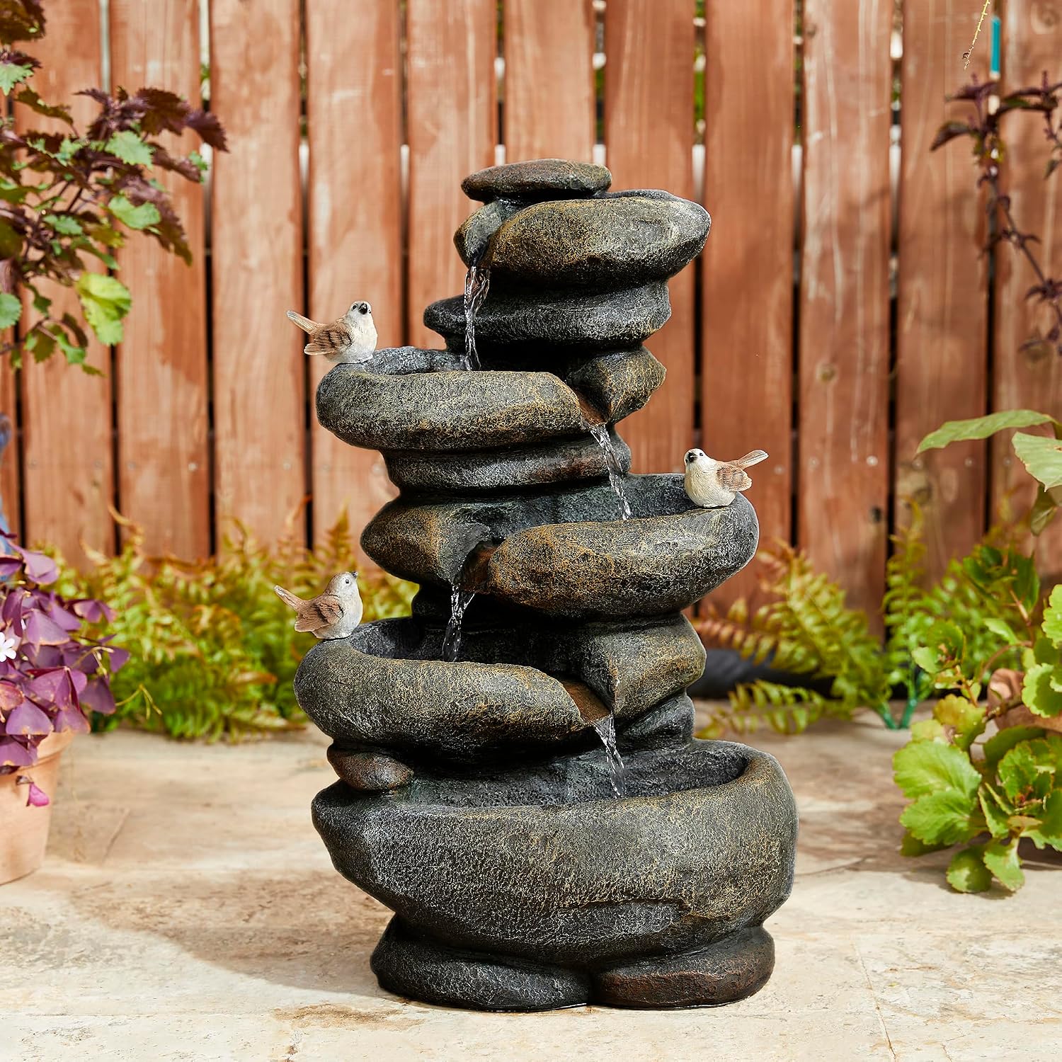 Glitzhome 5-Tier Cascading Rock Outdoor Water Fountain with LED Light & Pump, Natural Stacked Stone Look Water Fountain with Lively Birds for Garden, Patio, Porch, 23'H