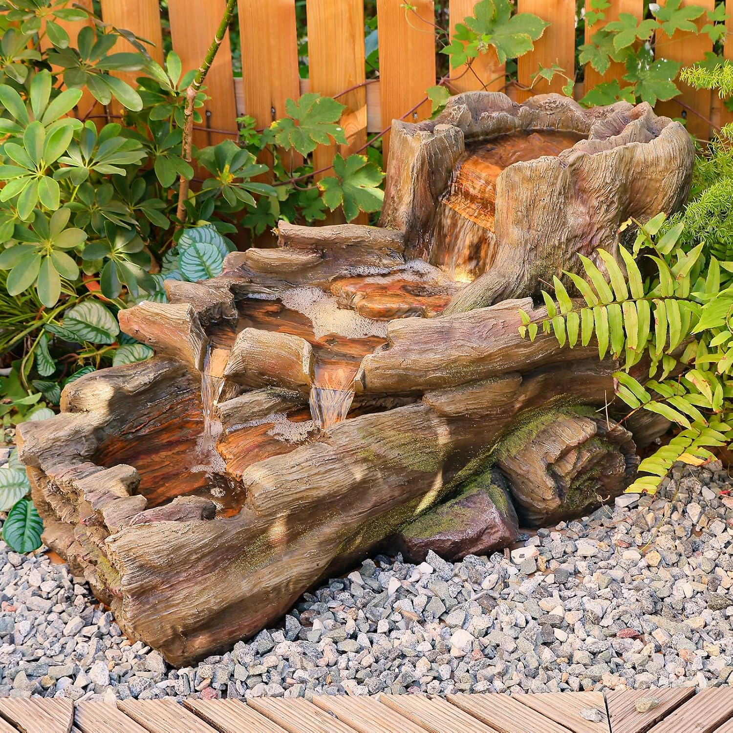 Sunlinua 34.5' L Garden Outdoor Water Fountain, Floor Standing Wood Imitation Resin Natural Waterfall Fountains with LED Lights for Patio, Porch, Home Art Decor
