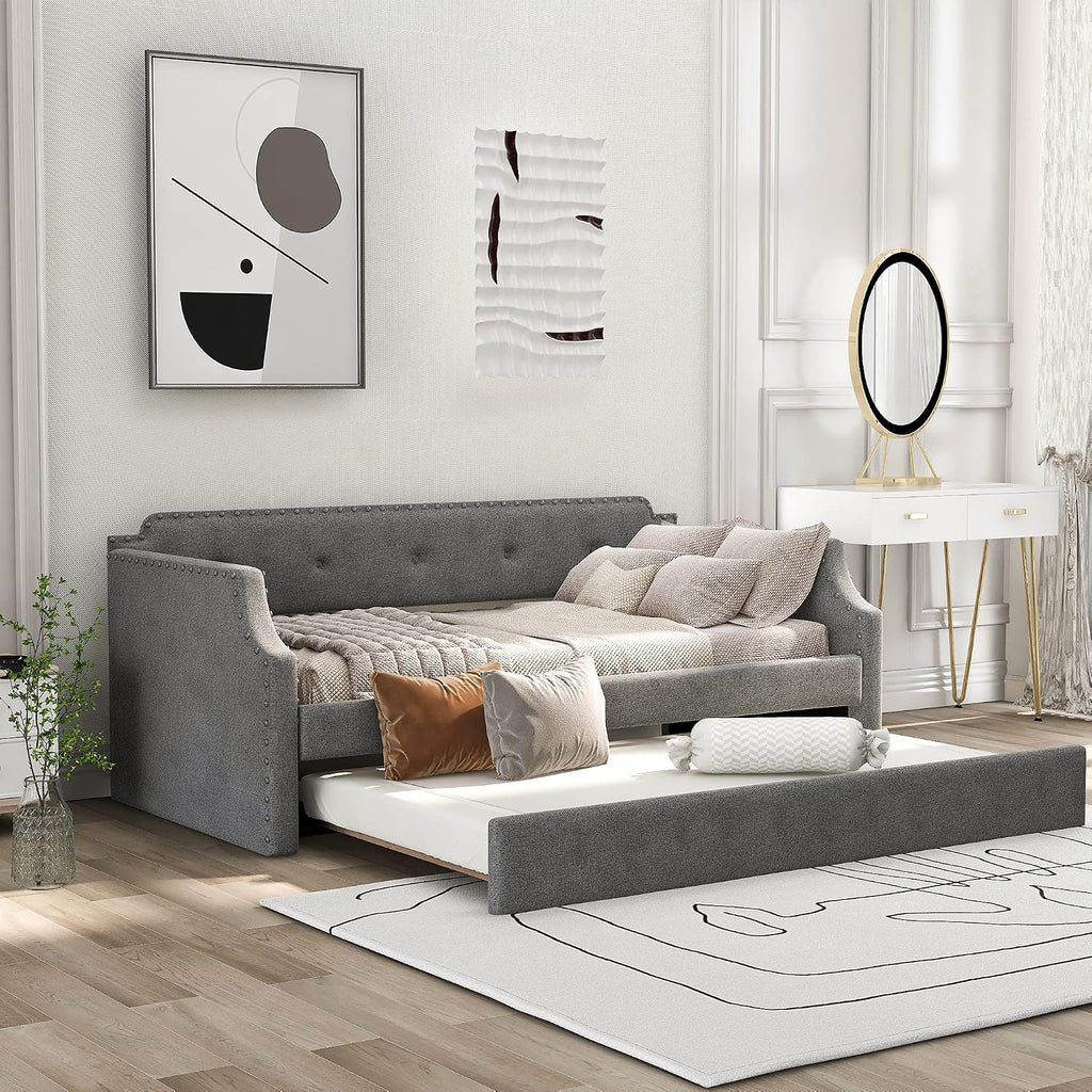 Twin Size Daybed with Trundle, Upholstered Twin Daybed Frame, Sofa Bed for Bedroom Living Room, Gray