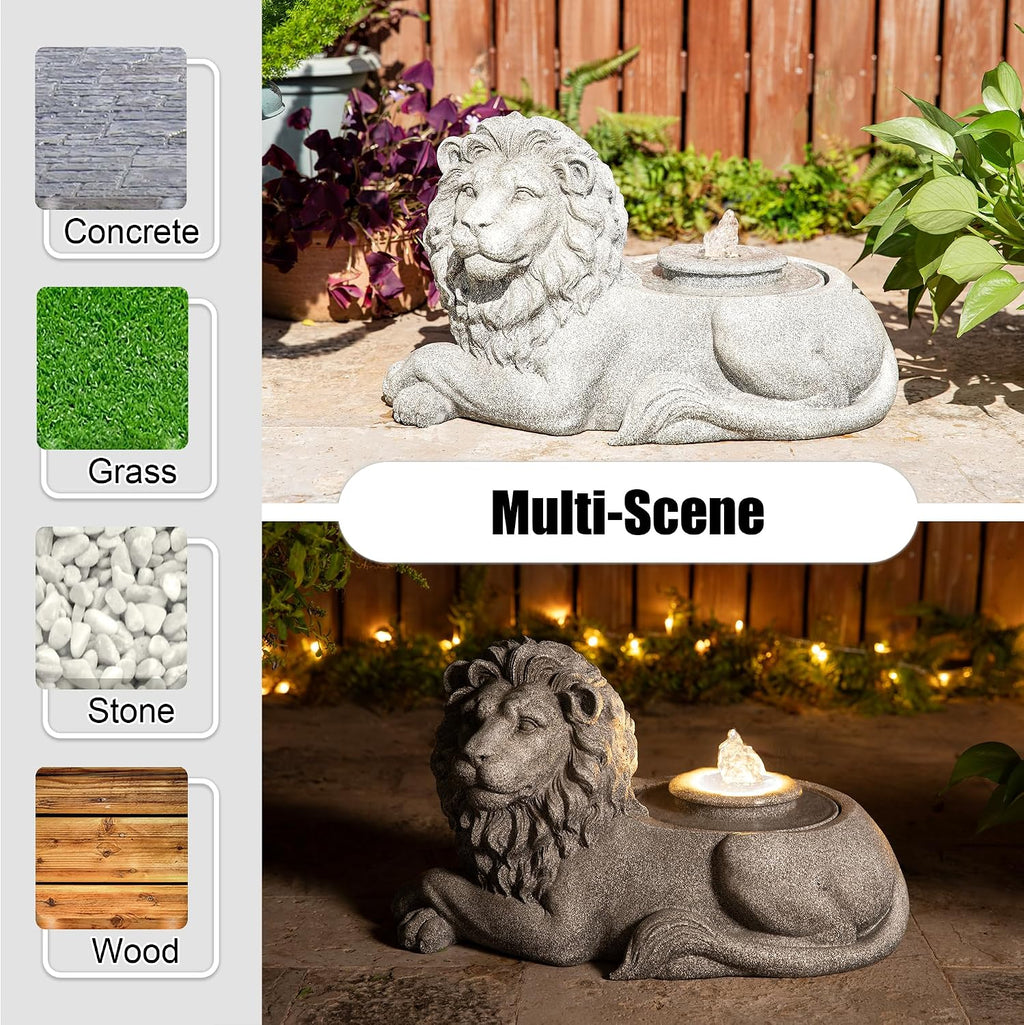Glitzhome Outdoor Fountain with Lights & Pump, 20' L Zen-Style Lying Lion Polyresin Water Fountain Outdoor, Floor Standing Water Feature for Garden Yard Patio Porch Decor