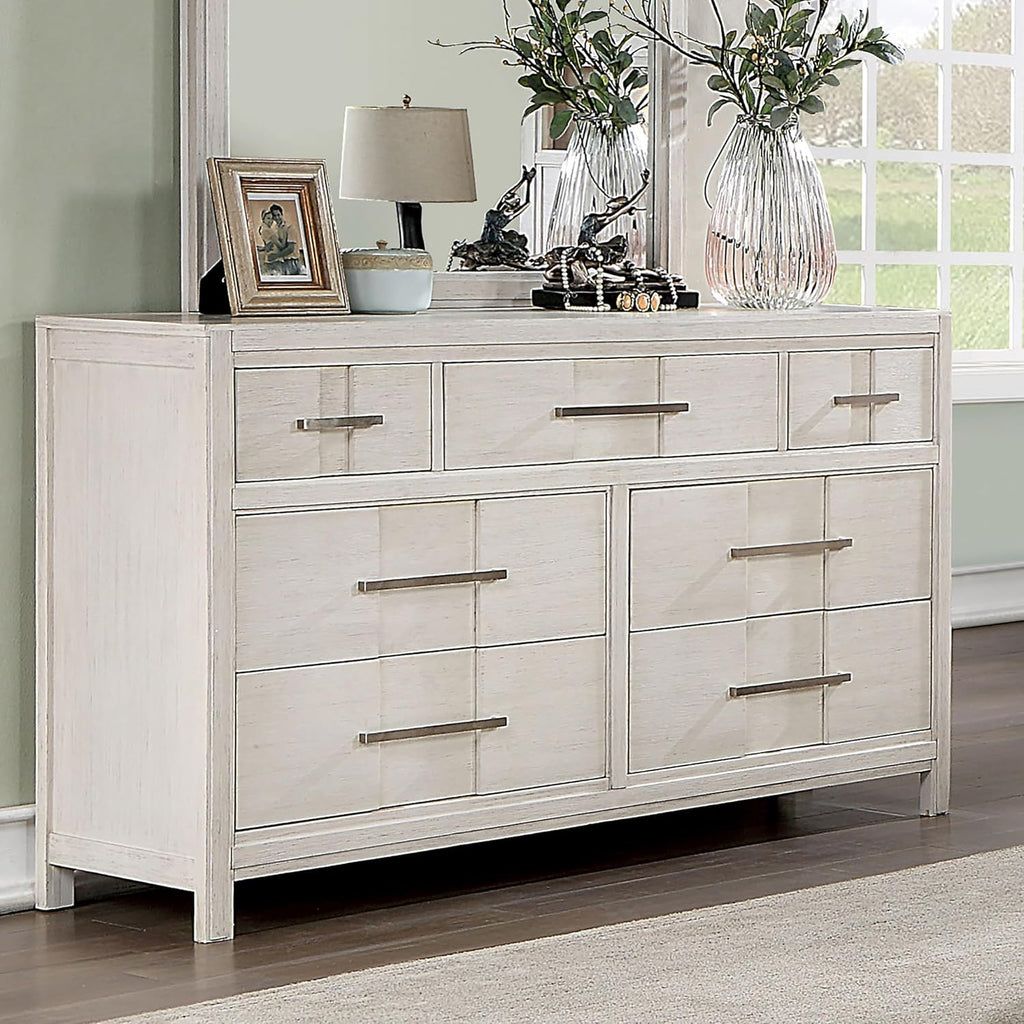 Furniture of America Echo Solid Wood 5-Piece Bedroom Set, Queen Size Platform Bed with Drawers and LED Lighting, Felt-Lined Top Storage, No Box Spring Required, White
