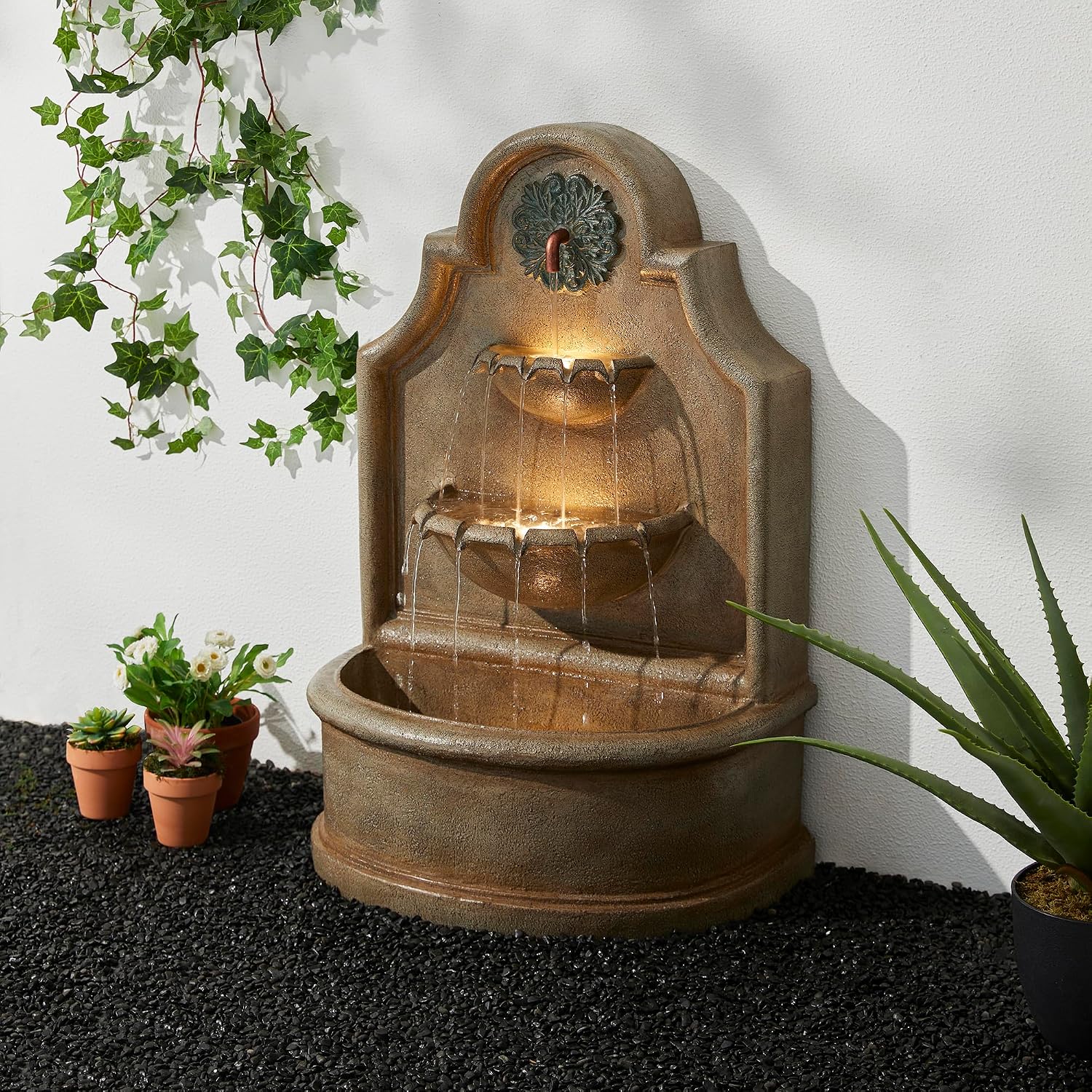 Glitzhome 37.25' H Outdoor Garden Water Fountain with LED Lights and Pump, Oversized Antique European Style 3-Tier Polyresin Cascading Floor-Standing Fountain for Porch Deck Patio Backyard Decoration