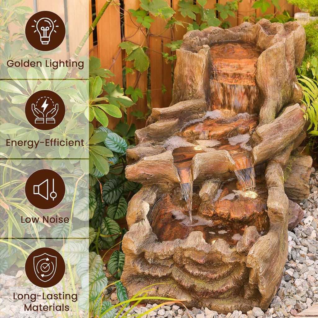 Sunlinua 34.25' L Outdoor Water Fountain with 3 Tiers Large Cascading Realistic Tree Trunk Waterfall Fountains with LED Lights Outdoor Water Fountain for Garden Patio Backyard Porch Home Decor