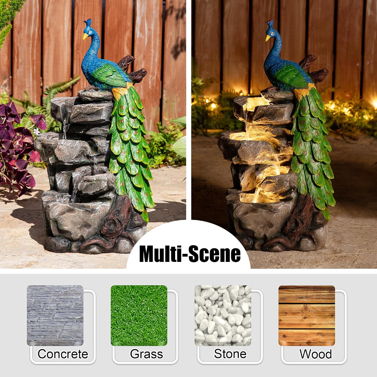 Glitzhome Outdoor Water Fountain,20.5' H Polyresin Outdoor Fountain with Lights, 4-Tierd Peacock W/Stacked Stone Decorative Waterfall Feature Garden Fountain with Pump for Garden, Patio, Porch Decor
