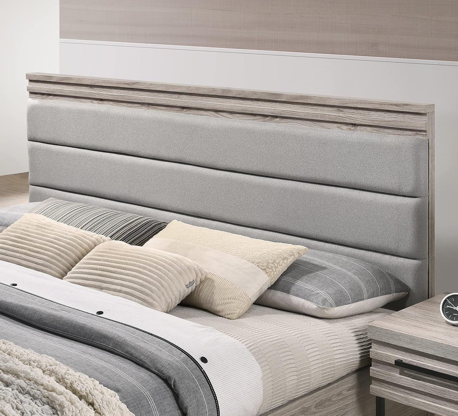 Roundhill Furniture Alvear Upholstered Wood Panel Bed, Dresser, Mirror, Nightstand, and Chest, King, Weathered Gray
