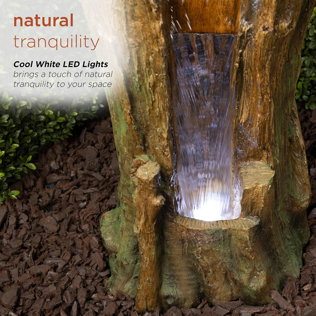 Alpine Corporation TZL294 Outdoor Tree Trunk Floor Fountain with Cool White LED Lights, Tiered Garden Decor, 22' H, Brown