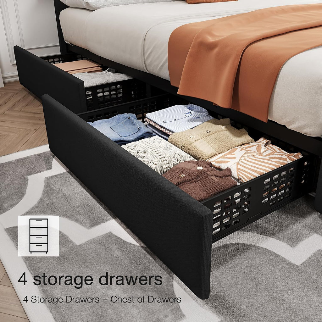IDEALHOUSE King Size Bed Frame with 4 Storage Drawers and Adjustable Headboard, Linen Upholstered Platform Beds, Diamond Stitched Button Tufted, No Box Spring Needed, Black
