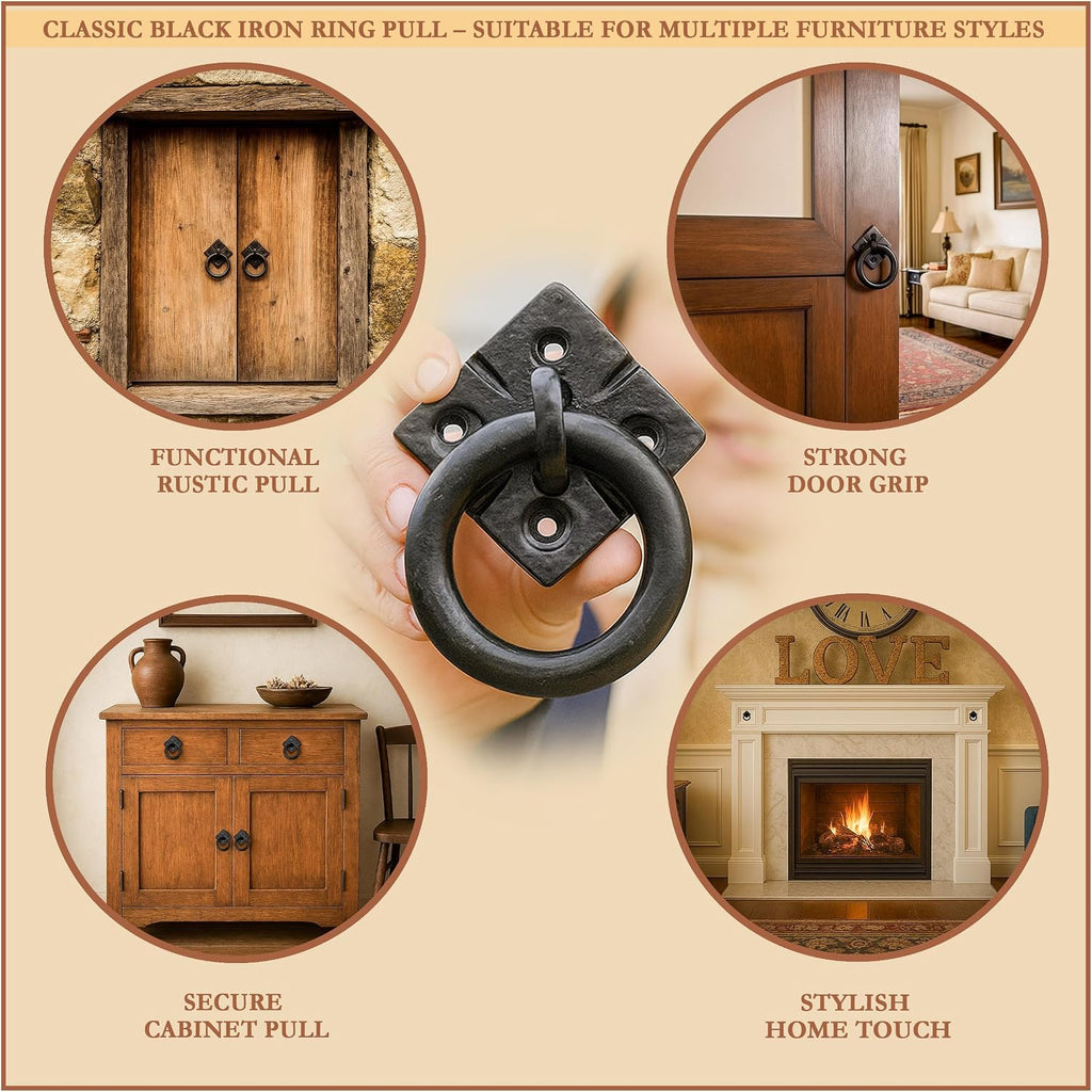 Mystic Colonial Cast Iron Ring Pull Handles – Blackened Hammered Finish – Antique Style for Cabinet, Drawer & Cupboard Hardware with Screw (Hammered (10, Hammered)