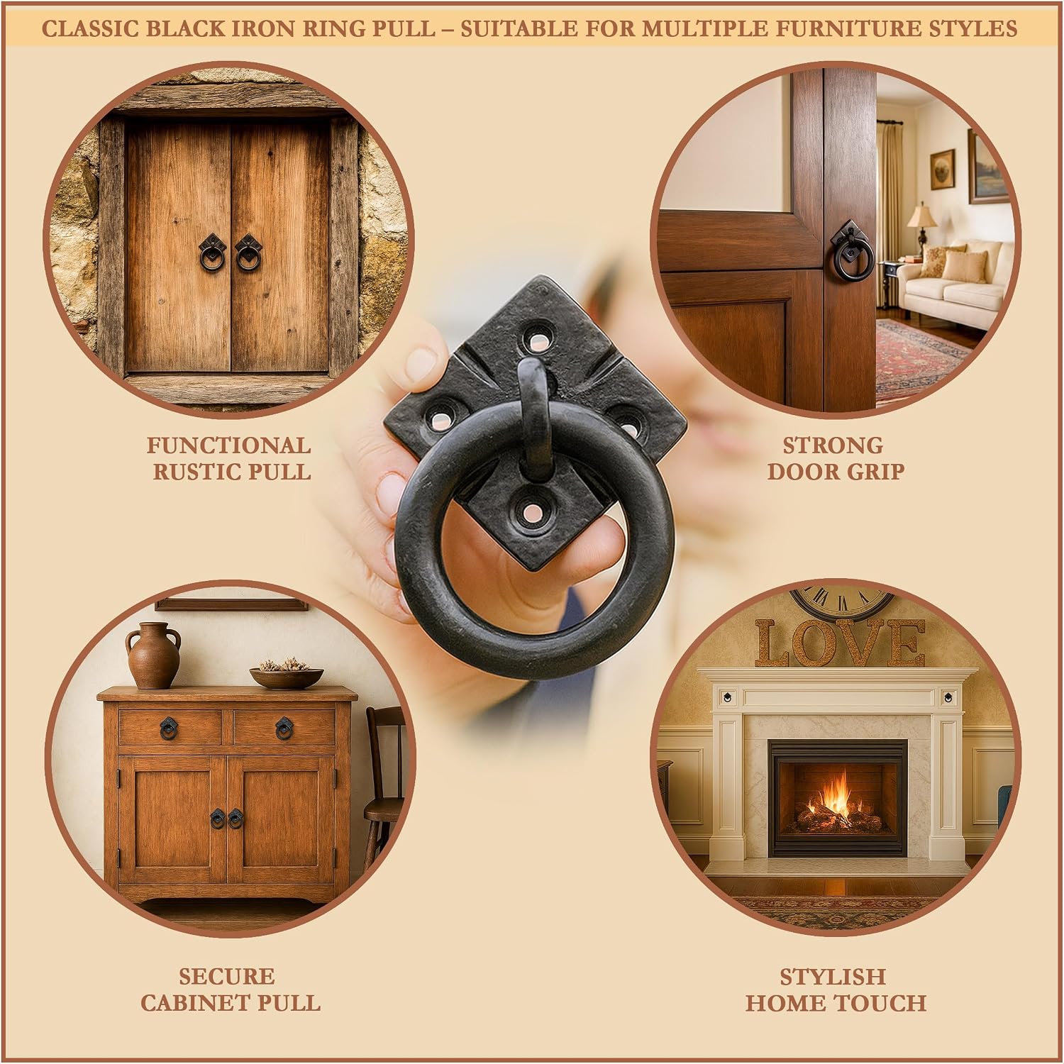 Mystic Colonial Cast Iron Ring Pull Handles – Blackened Hammered Finish – Antique Style for Cabinet, Drawer & Cupboard Hardware with Screw (Hammered (10, Hammered)