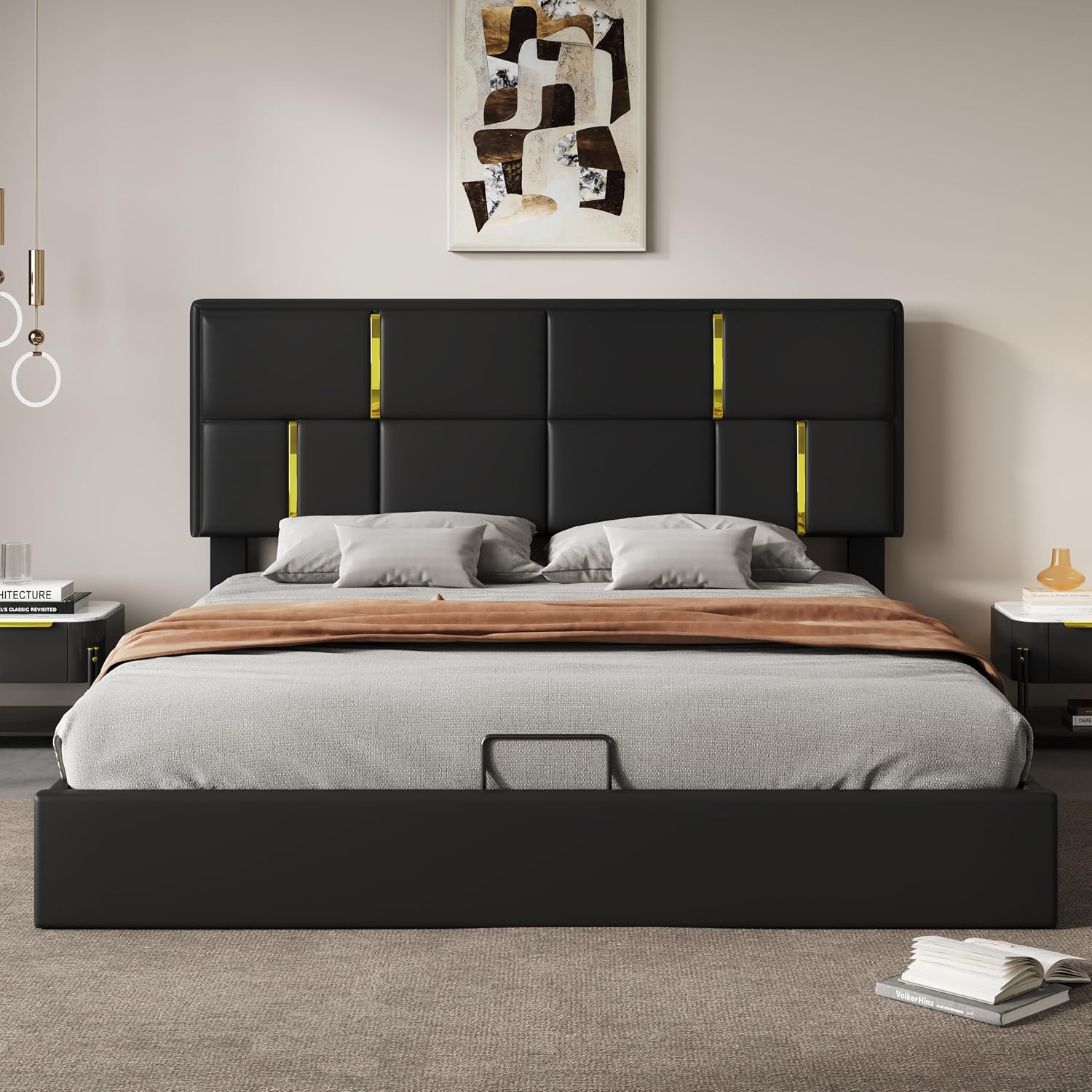 JIVOIT Upholstered Platform Bed with Hydraulic Storage System, Queen Size Storage Bed with Headboard and Wood Slats Support, Space Saving Wood Platform Bed Frame for Bedroom (Black,Bed,5)