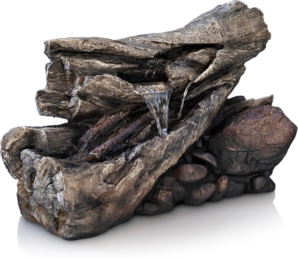 Alpine Corporation 24' Tall Outdoor 2-Tier Fallen Tree Trunk Water Fountain with LED Lights, Rustic Cascading Design for Garden, Patio & Yard Decor, Beige