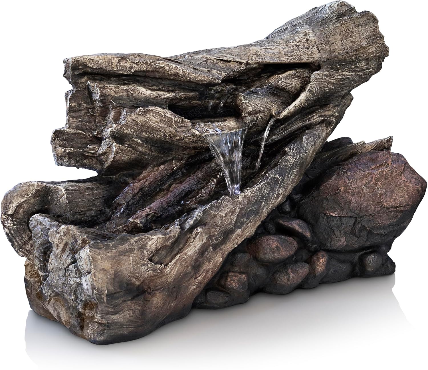 Alpine Corporation 24' Tall Outdoor 2-Tier Fallen Tree Trunk Water Fountain with LED Lights, Rustic Cascading Design for Garden, Patio & Yard Decor, Beige
