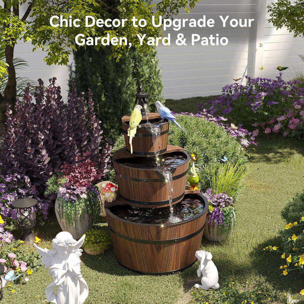 Aoxun 3-Tier Outdoor Water Fountain, Wood Barrel Cascading with Electric Decorative Hand Pump, Rustic Waterfall Fountain for Garden, Backyard, Patio, Porch, Yard