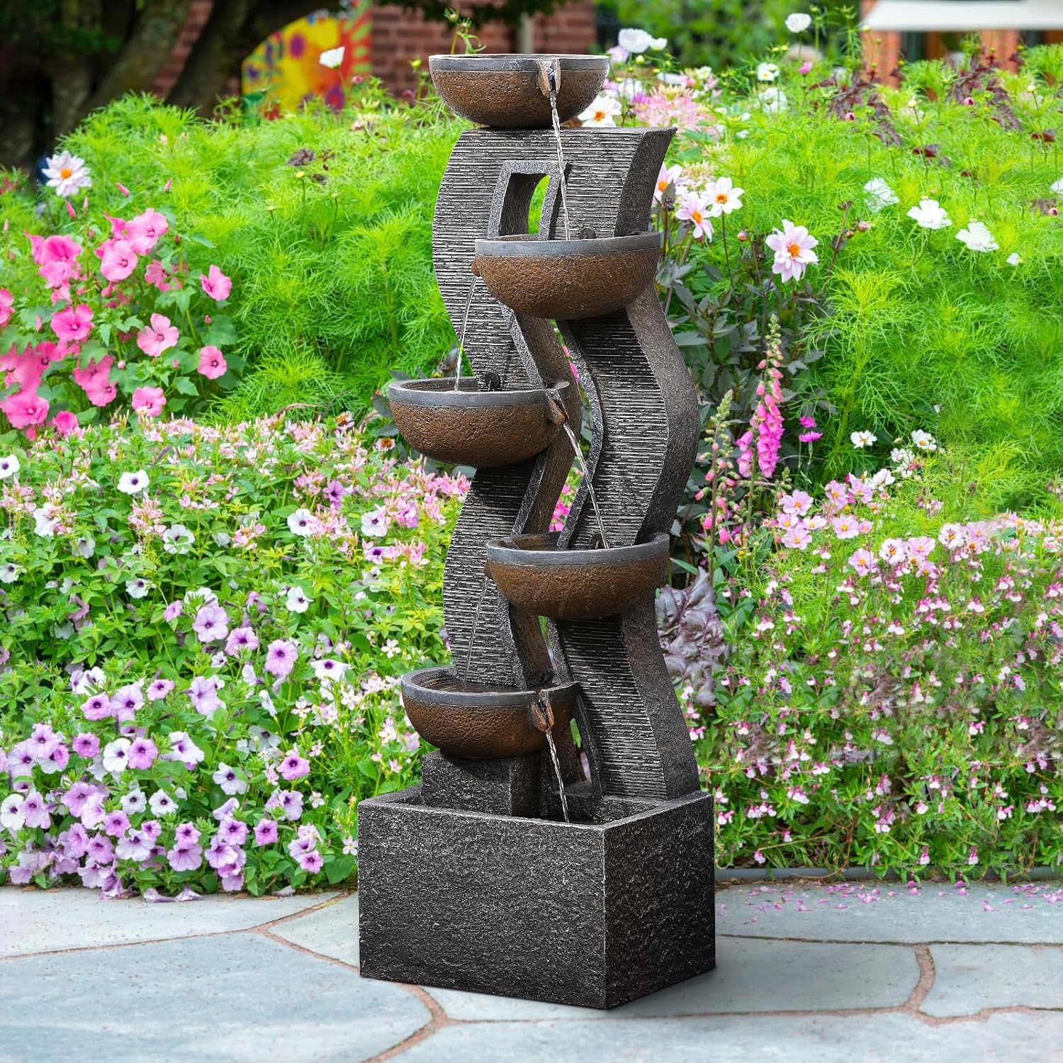 52.8' Tall Outdoor Water Fountain with Lights, 6-Tier Cascading Resin Waterfall Feature for Porch, Garden, Yard, Deck, Patio – Large Freestanding Outdoor Fountain and Waterfall Outside Decor