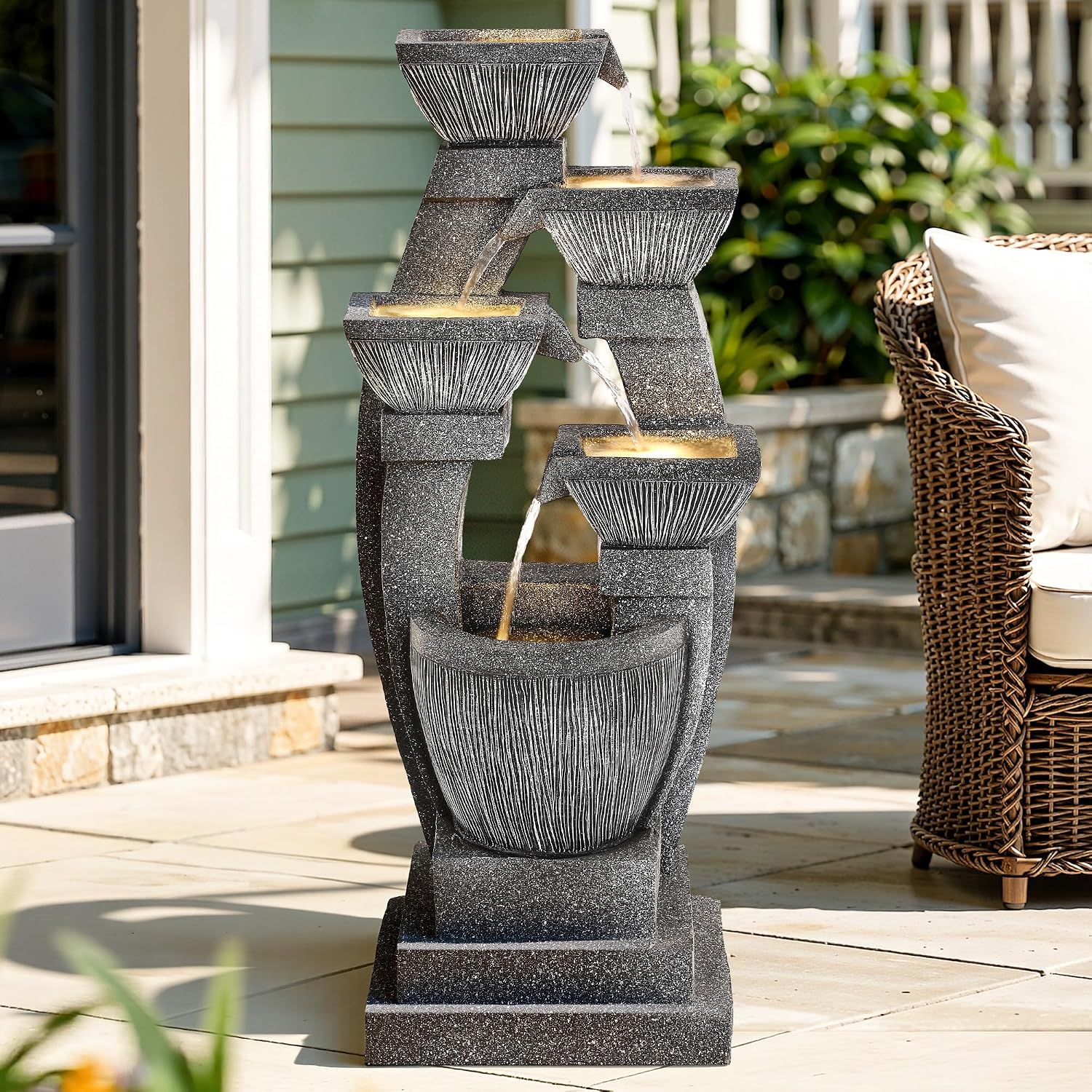 40.5' Outdoor Fountain, Four-Column & Bowls Water Feature with LED Lights, Modern Resin Soothing Cascading Waterfall for Patio, Backyard, Garden or Porch