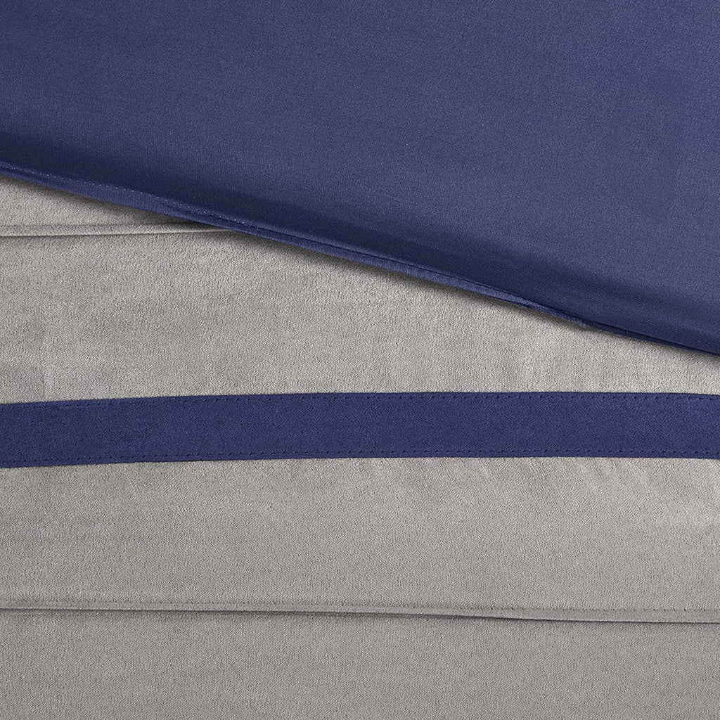 Madison Park Cozy Comforter Set-Luxury Faux Suede Design, Striped Accent, All Season Down Alternative Bedding, Matching Shams, Decorative Pillow, Blue, California King (104 in x 92 in)