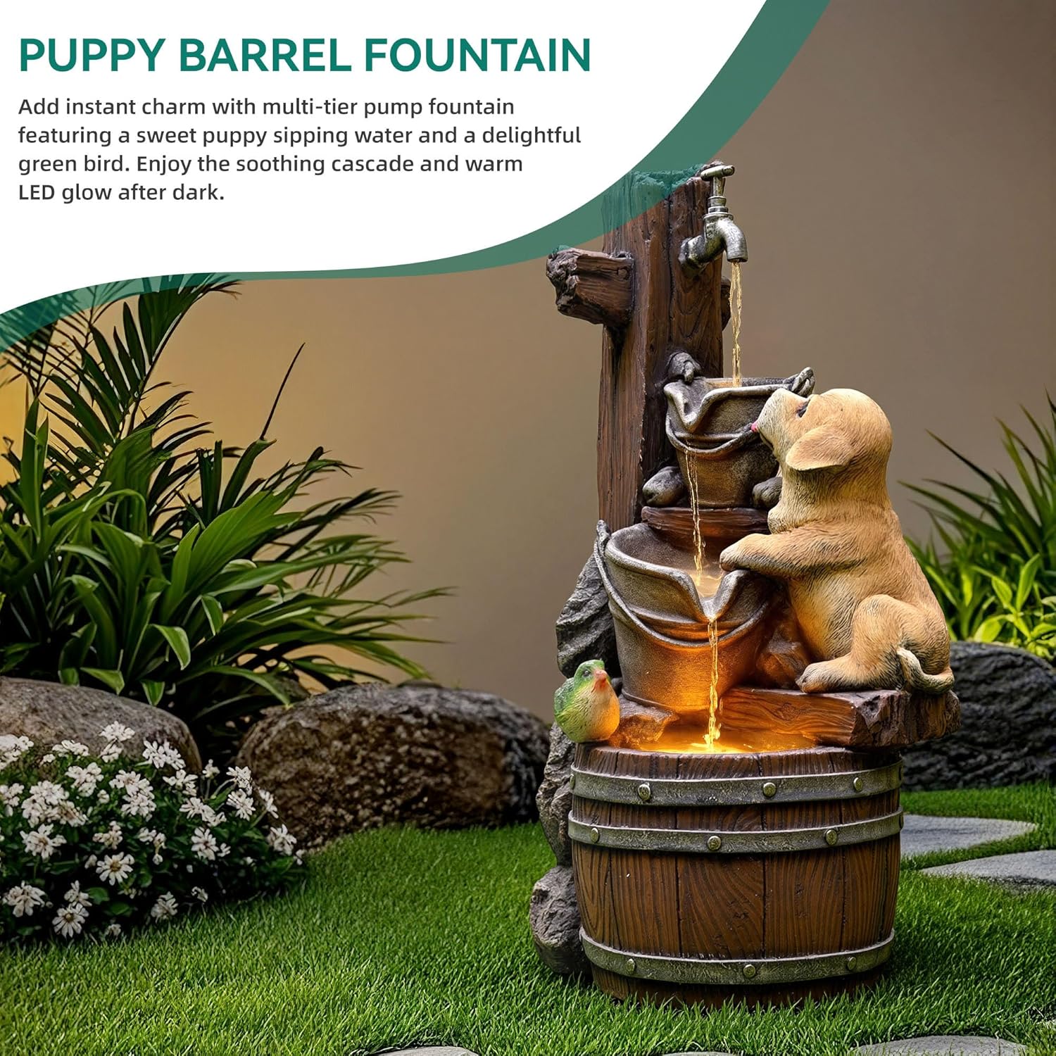 24.5' Puppy & Green Bird Outdoor Fountain, 3-Tier Pastoral Water Feature with LED Lights, Resin Buckets & Wooden Barrel Soothing Cascading Waterfall for Patio, Backyard, Garden