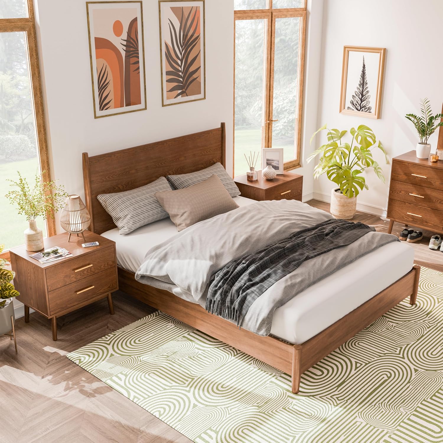 Furniture of America Wyatt Modern Solid Wood Bedroom Collection with Queen Bed Frame and Nightstands Set of 2, No Box Spring Needed, Walnut, Standard Platform, 3-Piece Set