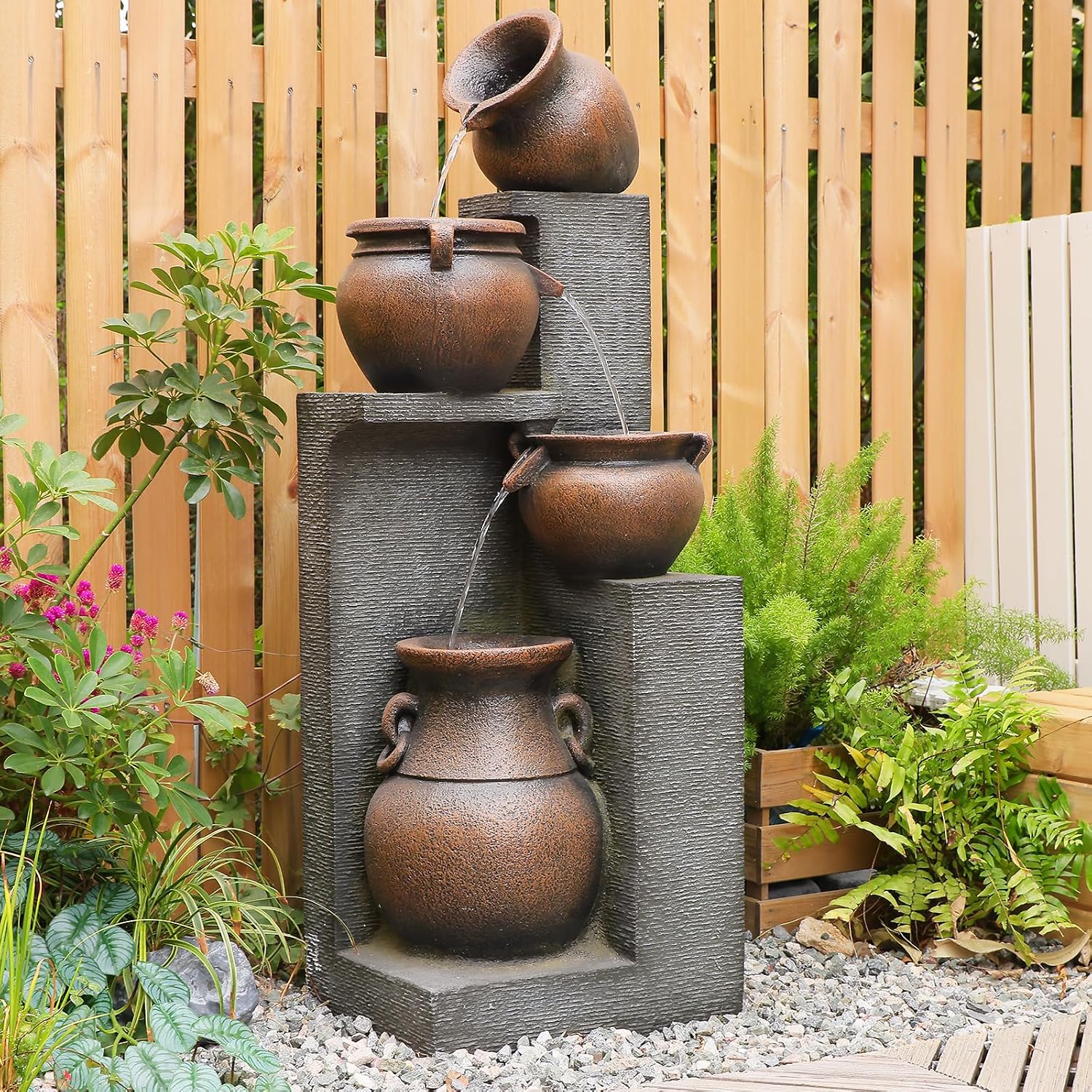 Bumilgar 53' H Large Outdoor Water Fountain with Lights - 4 Tiered Cascading Bowls Waterfall Fountain for Garden, Patio, Backyard, Porch Inside - Freestanding Outdoor Water Feature Gold