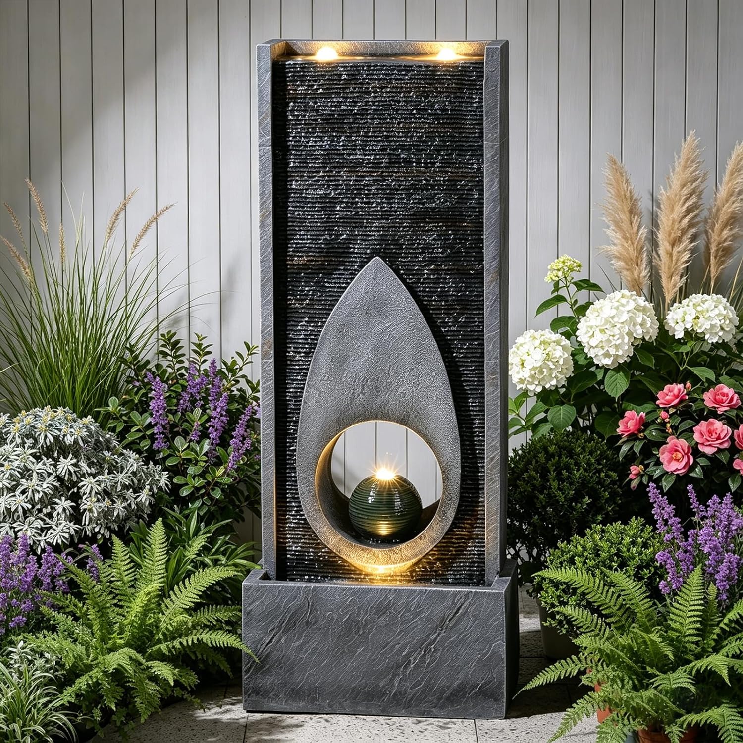 46.5''Tall Modern Water Fountain Indoor Outdoor Waterfall Feature Floor Standing with Sphere and LED Lights for Garden, Yard, Patio, Deck, Porch, Livingroom Decor