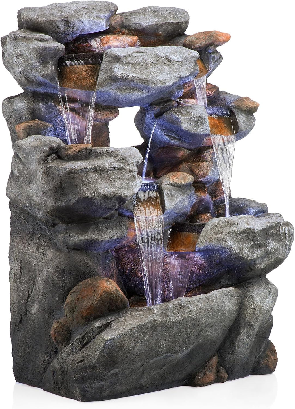 Alpine Corporation WIN1068 Outdoor Floor Rock Water Fountain with LED Lights, 5-Tier Rock Waterfall Fountain 54', Dark Brown